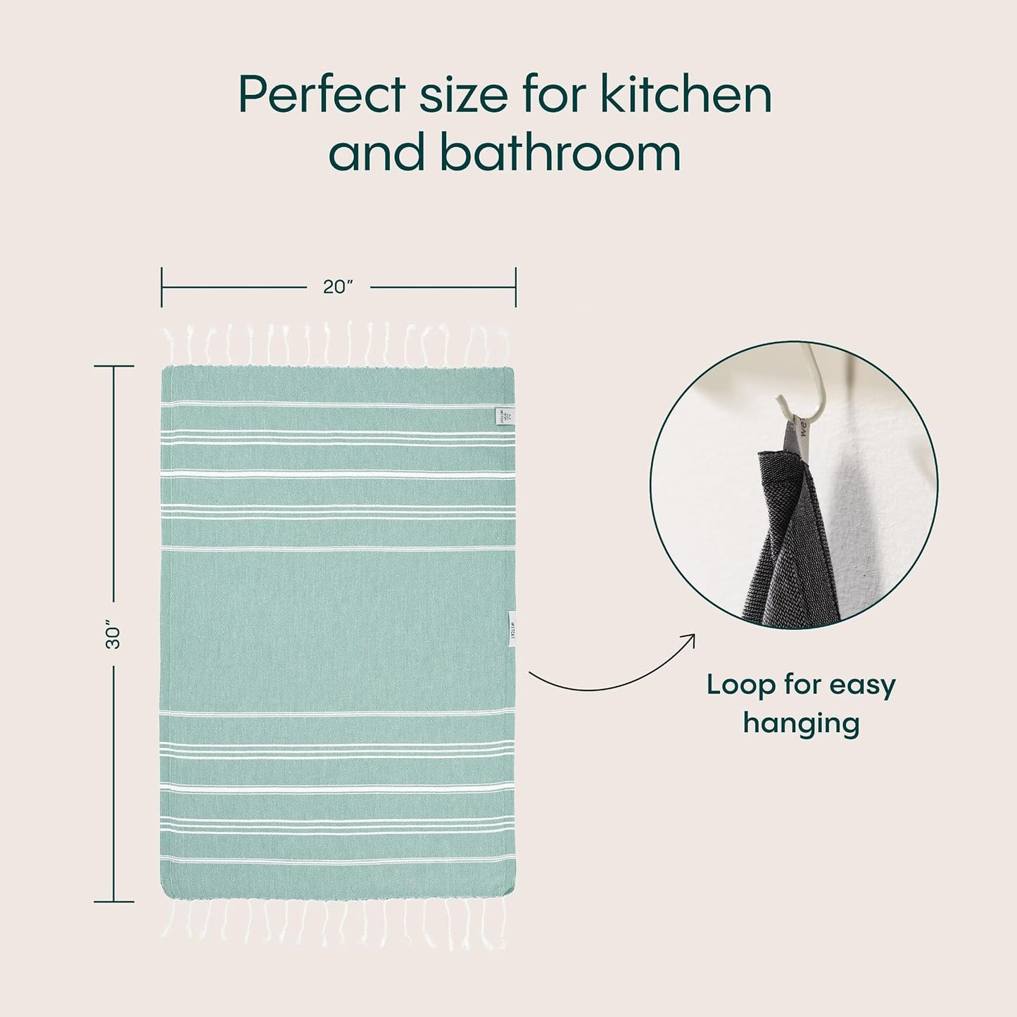 Turkish Hand Towels with Hanging Loop, Set of 2 (20" x 30") 100% Turkish Cotton, Pre-Washed, Quick Drying, for Kitchen