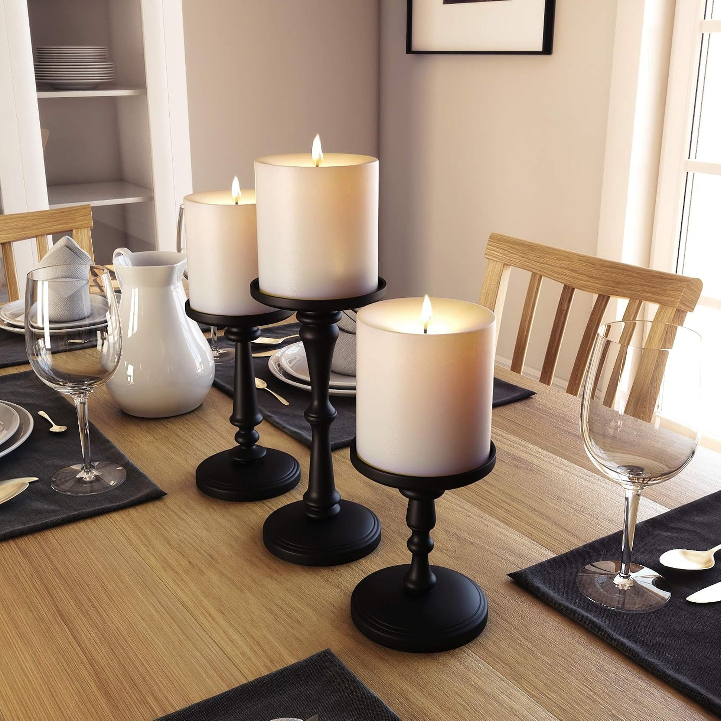 Candle Holders Set of 3 Matte Black, 6, 8,10" Tall Metal for Pillar Candles | Pure Metal Build, Set of 3, Holds Candles
