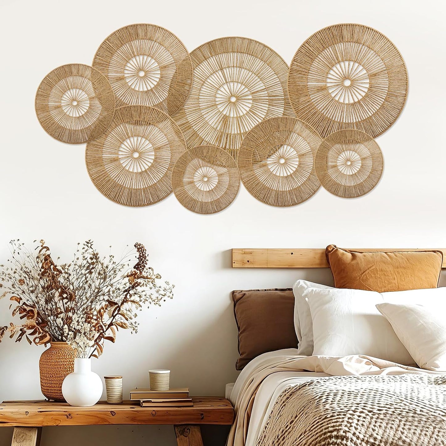 Boho Wall Decoration Jute Wall Decor Baskets Round Hand Woven Wicker Rattan Wall Art / Set of 8