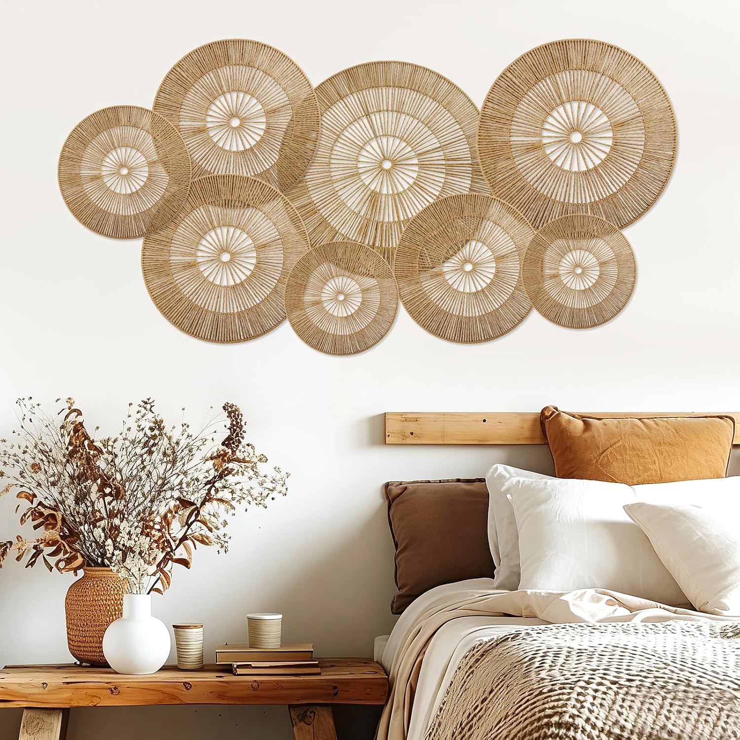 Boho Wall Decoration Jute Wall Decor Baskets Round Hand Woven Wicker Rattan Wall Art / Set of 8