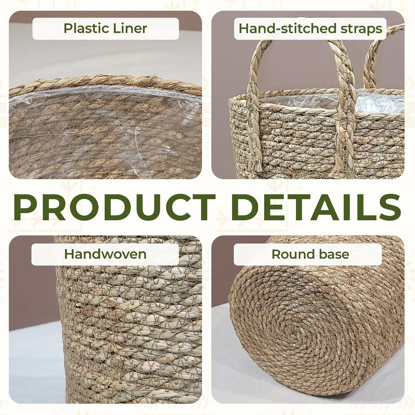 Woven Seagrass Planter Baskets / with Handles / Natural / Set of 2