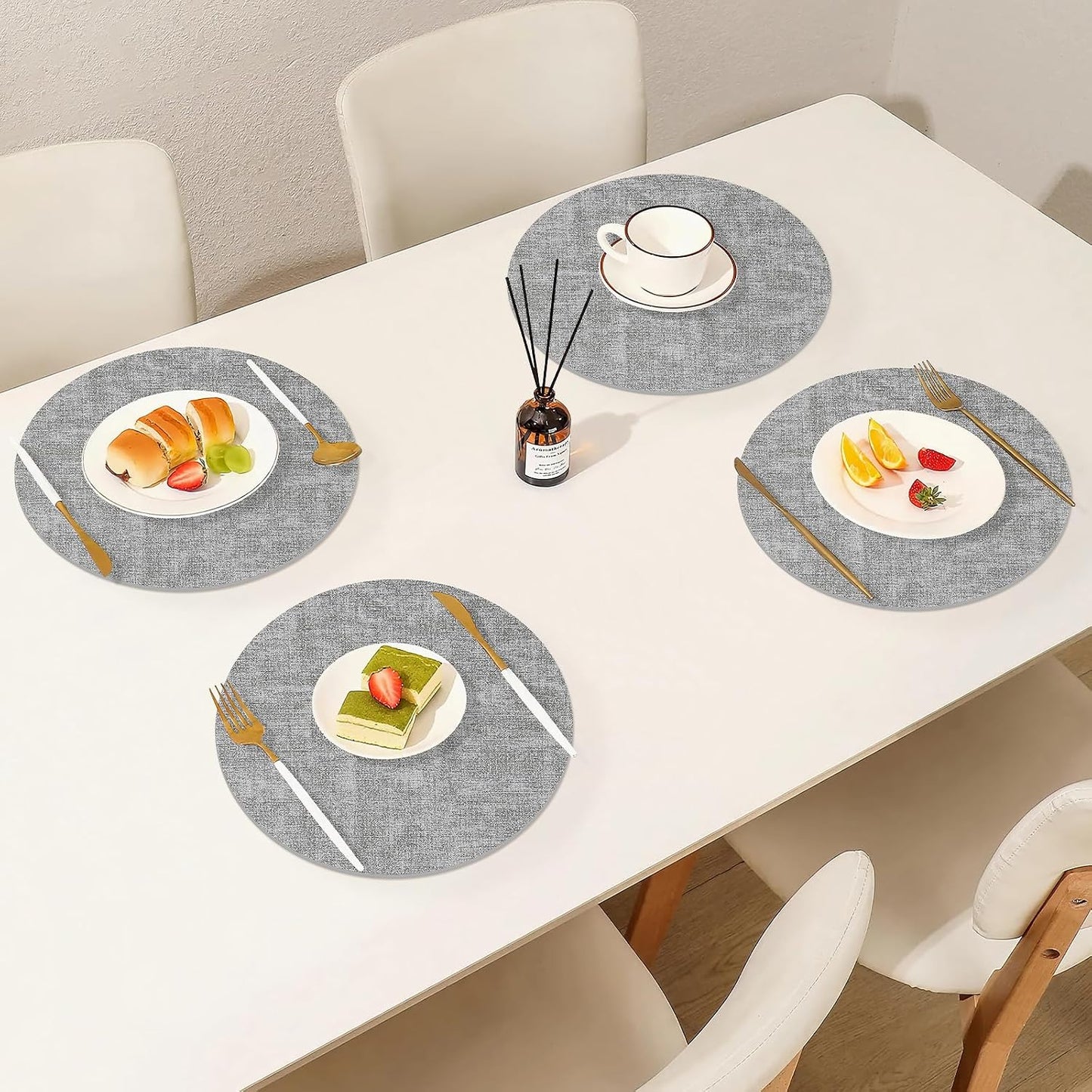 Homaxy Round Faux Leather Placemats and Coasters, Set of 6, Light Grey | Washable Dual-side Table Mats, Wipeable Place