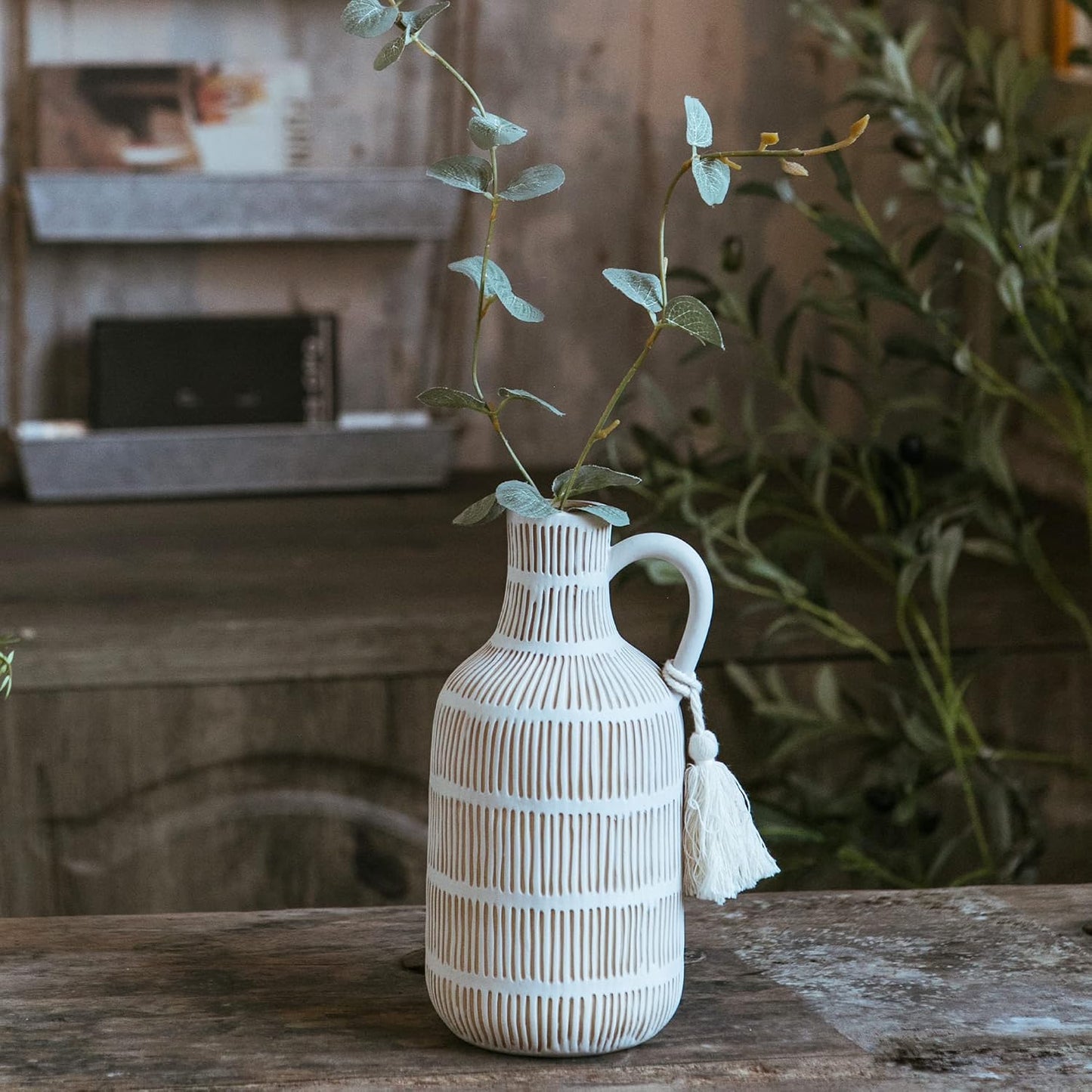 Farmhouse Vase / Grey Yellow Vertical Stripes Design Clay Vase 10'' Tall / Gray - Long
