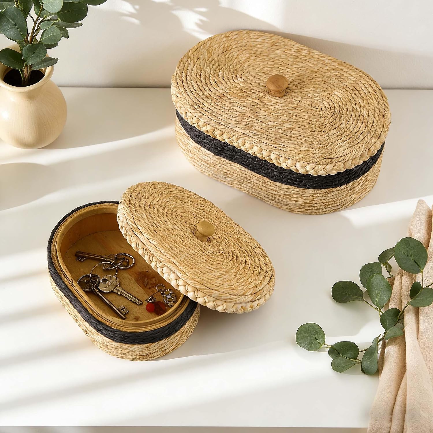 Woven Basket / Oval Decorative Storage Rattan Box / Brown / Set of 2
