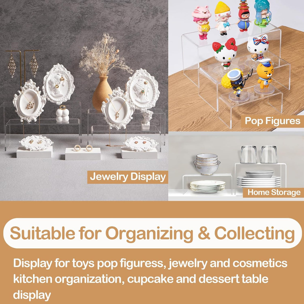 MerryNine Clear Acrylic Risers Display Stands Multi-Size | 8-Piece Set, Rectangular, 8"~9", 4mm Thick, Ideal for