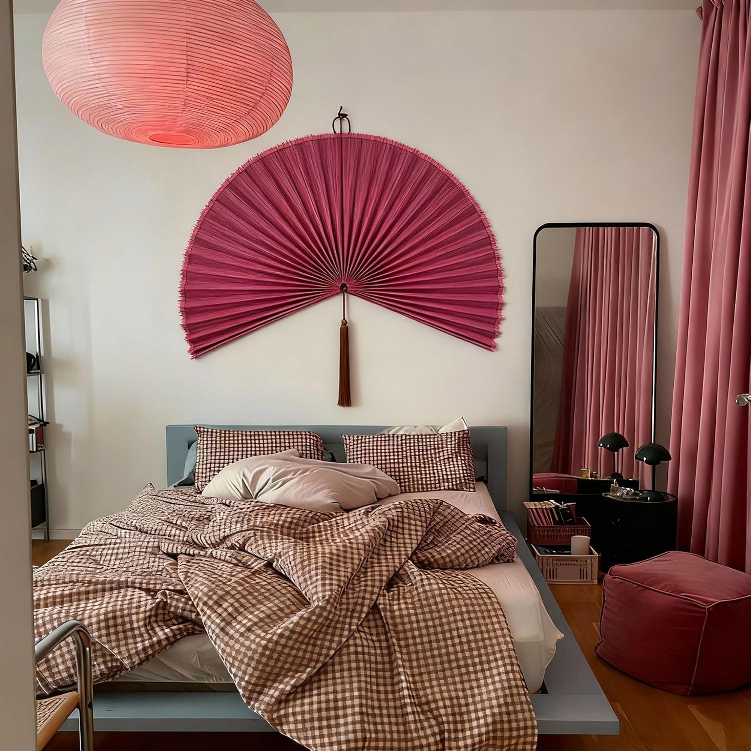Large Bamboo Fan Wall Art for Boho Hanging Headboard / Rasberry / 31"L x 31"W