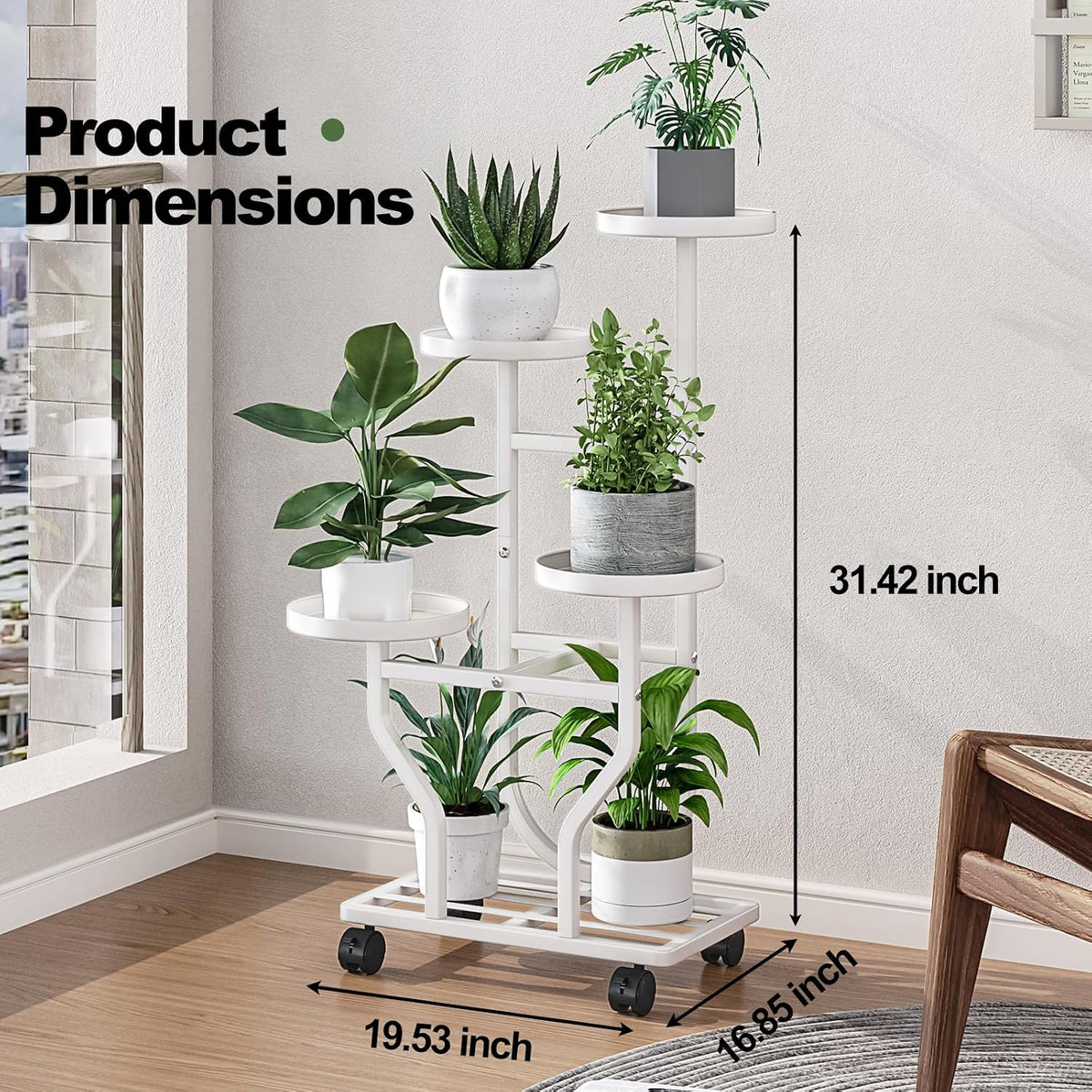 Plant Stand with Wheels, White 4 Tier Metal Plant Shelf for Indoor Outdoor | Corner Plants Stand Indoor for Bedroom