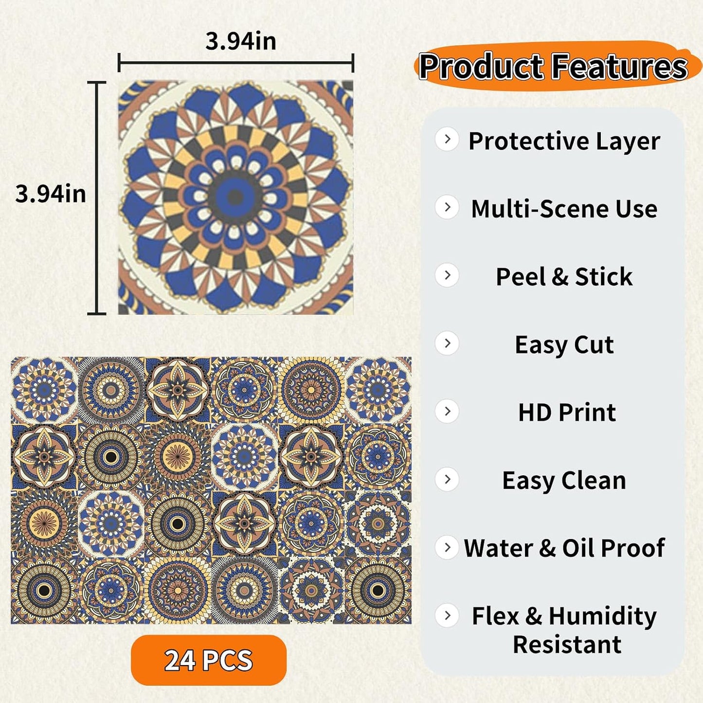 PVC Peel and Stick Tile Stickers Waterproof Removable Backsplash / Style E / 3.94 x 3.94 / Set of 24