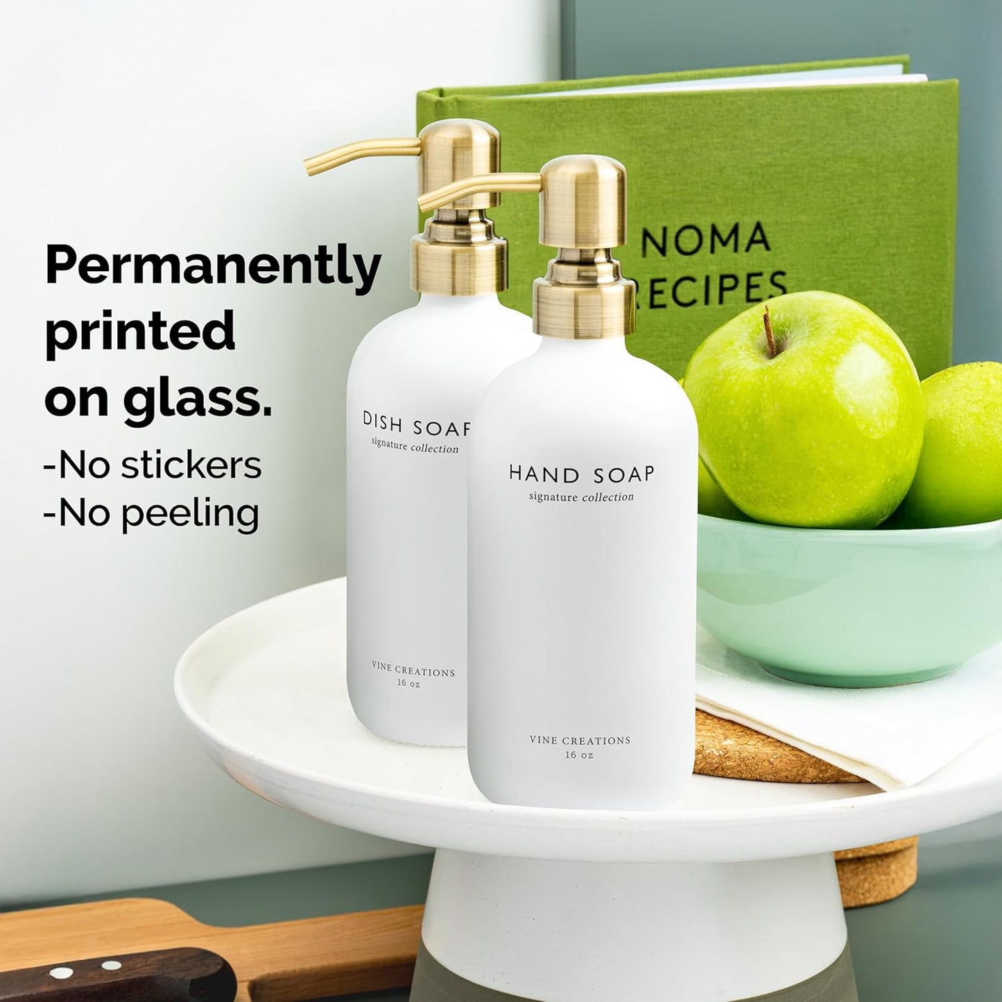 Vine Creations White Glass Soap Dispenser Set, Dish Soap and Hand Soap Dispenser Set with Stainless Steel Pump, 16 oz