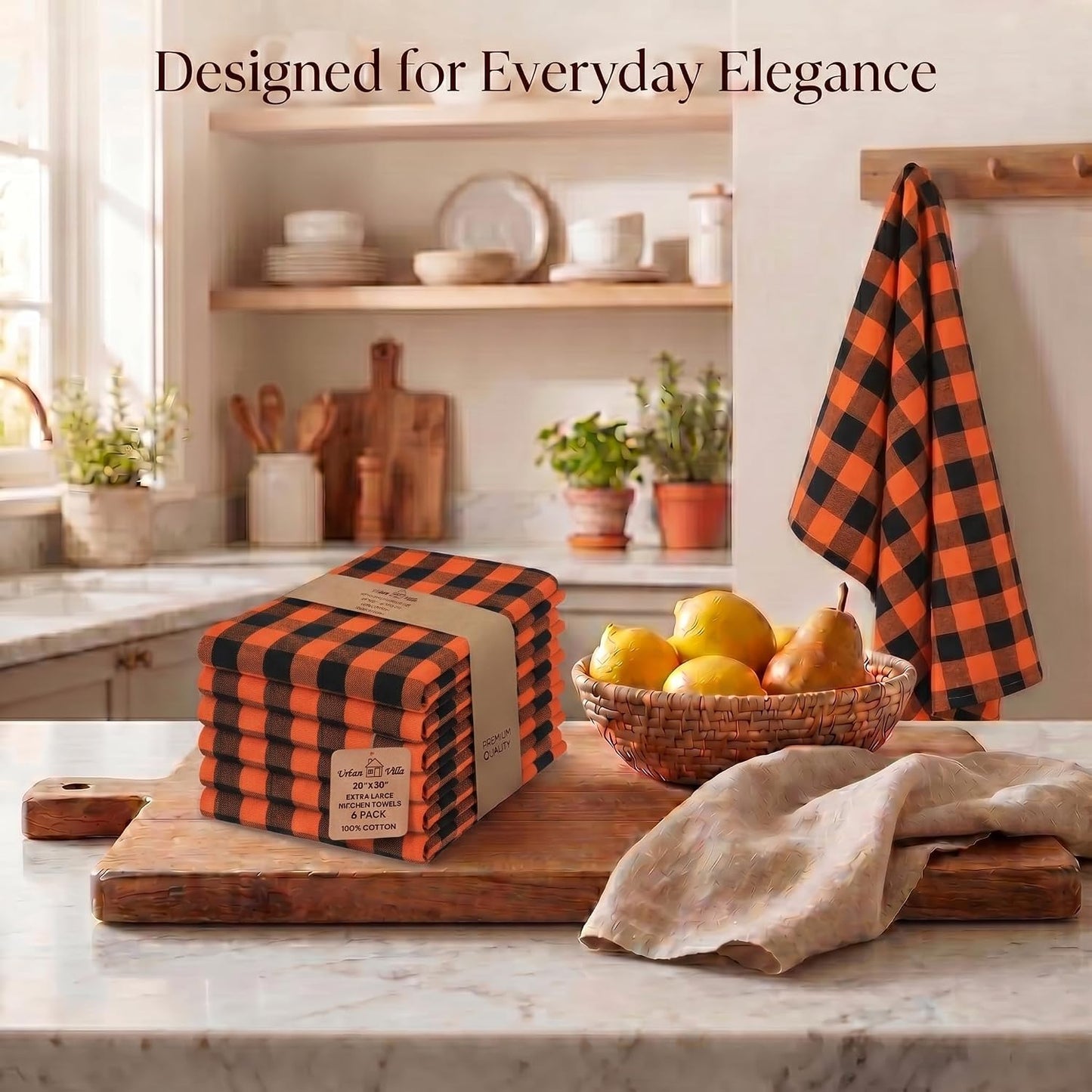 Urban Villa Kitchen Towels Cotton Dish Towels 20”x30” (Set of 6) Orange Blk