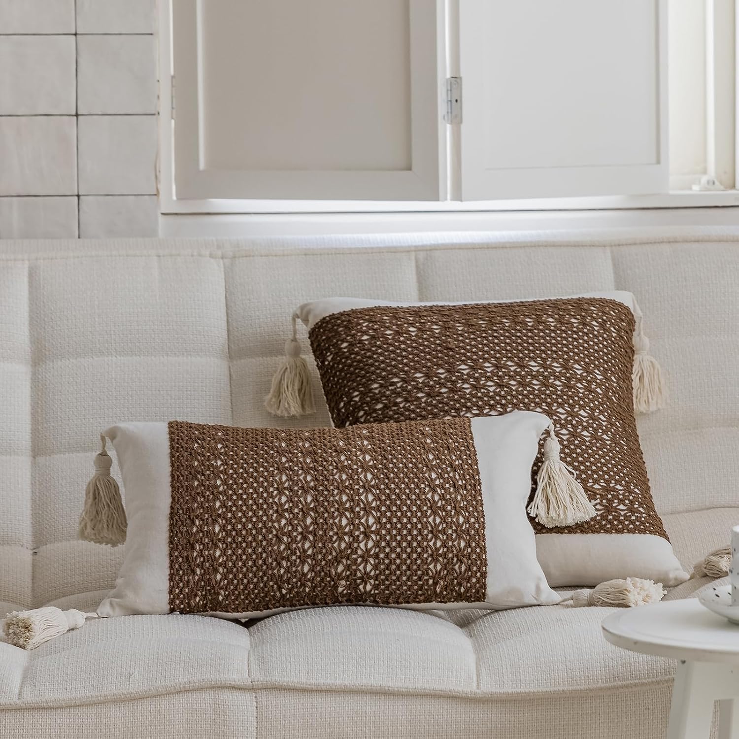 Tassels Soft Farmhouse Neutral Pillow Covers / 20 x 12 / Brown Weave