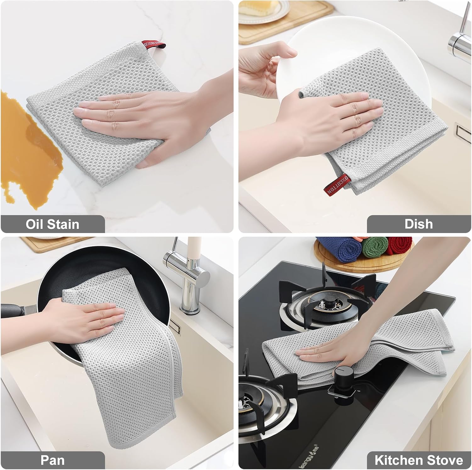 Homaxy 10 Pack 100% Cotton Kitchen Towels and Dishcloths Set, Light Gray | 12 x 12 Inches and 13 x 28 Inches Kitchen