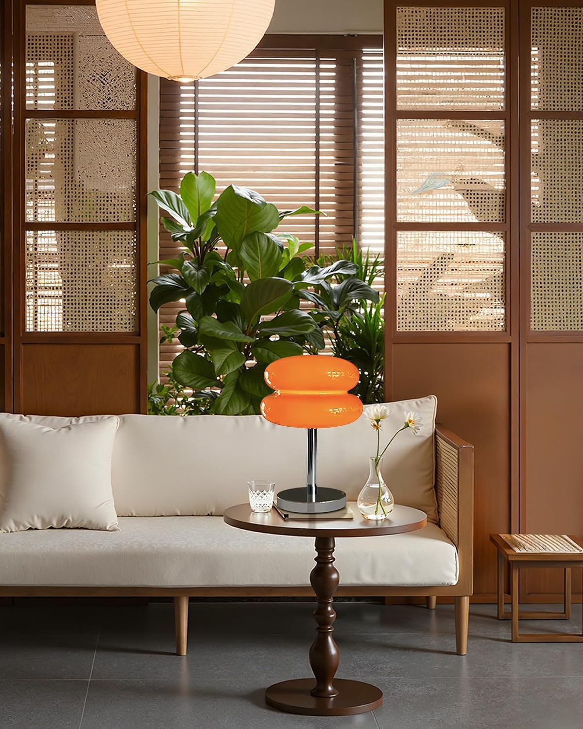 Cordless Orange Mushroom Lamp, Mid Century Modern Glass Lamp 6000mAh Rechargeable Small Table Lamps, Cute Cool Desk