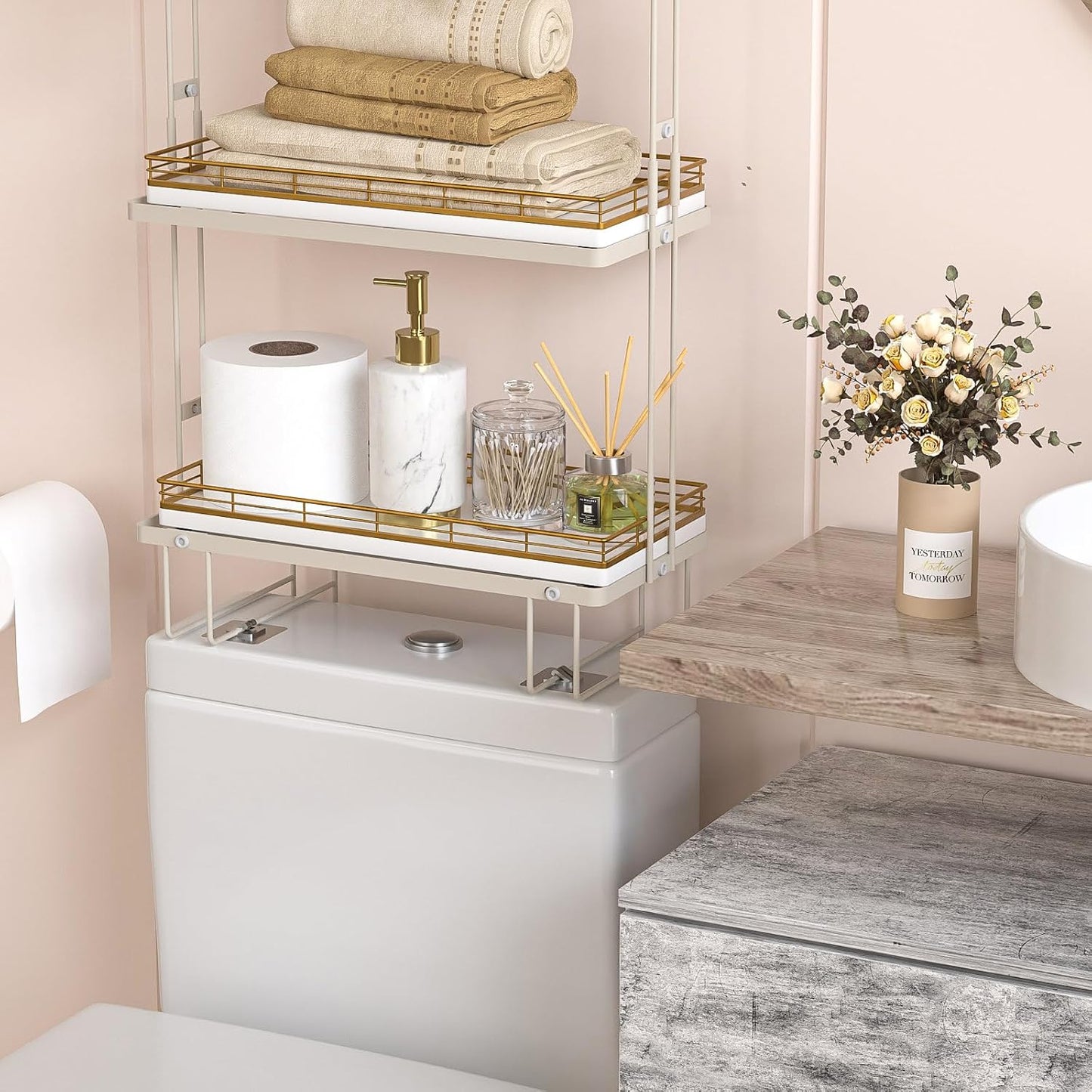 13" Wood Toilet Paper Storage Basket Tray Back of Toilet Basket / Gold & White / 13 x 6.5 x 1.5