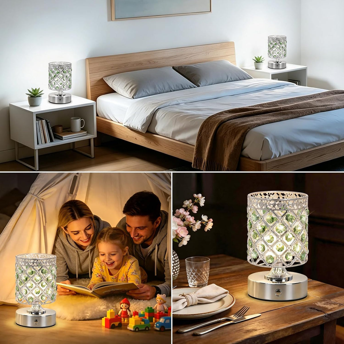 Green Small Crystal Rechargeable Cordless Table Lamps Set of 2 | 6000mAh Battery, 3 Color Temps, Stepless Dimming