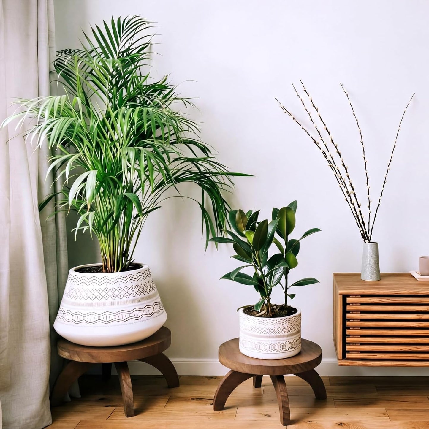 Short Plant Stand Small Wood Plant Stool Low Wood Riser Pedestal / Round / Rustic Color / Set of 2