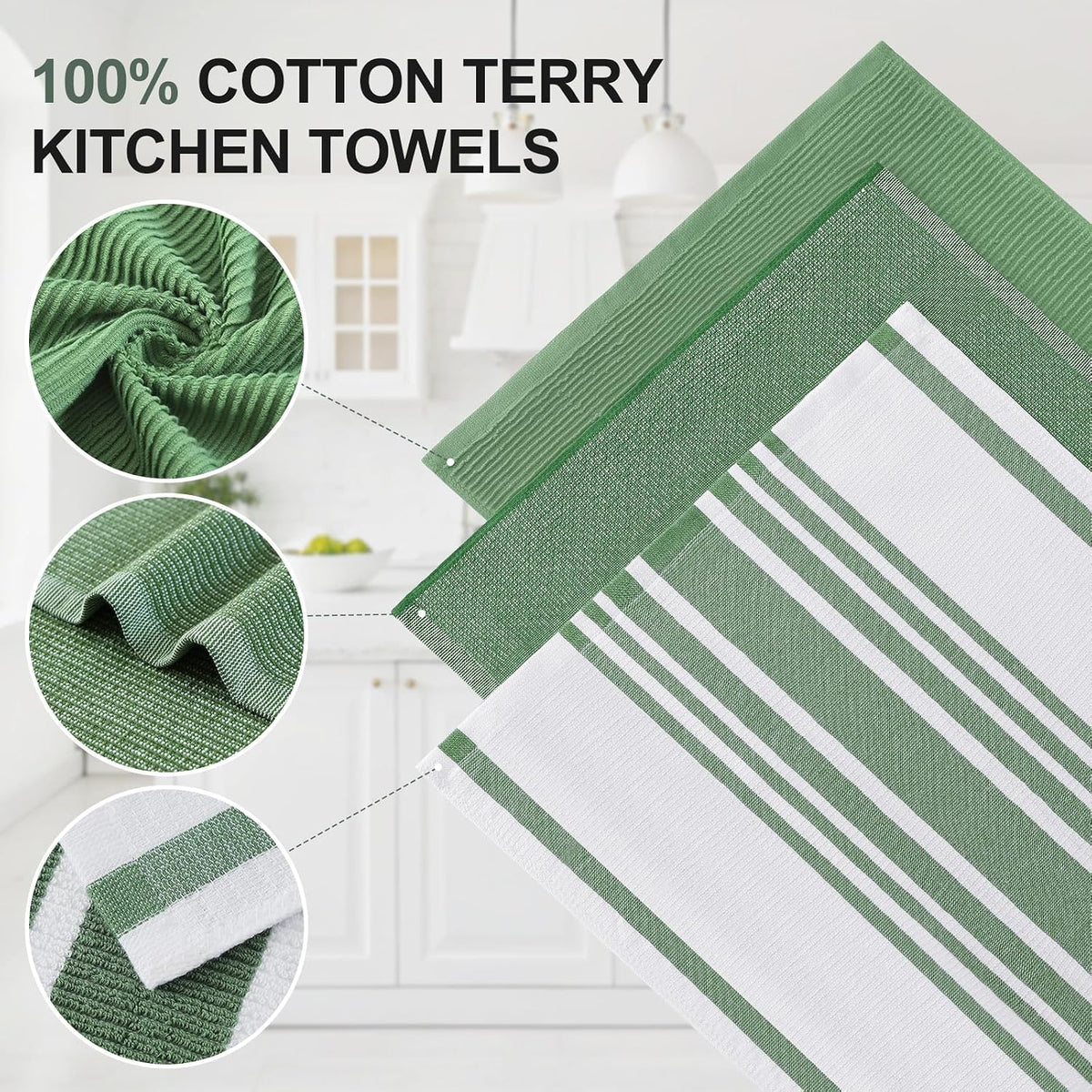 Homaxy Cotton 380 GSM Premium Kitchen Towels, 18"x28", 12 Pack, GrassGreen | Soft and Absorbent Terry Dish Towels