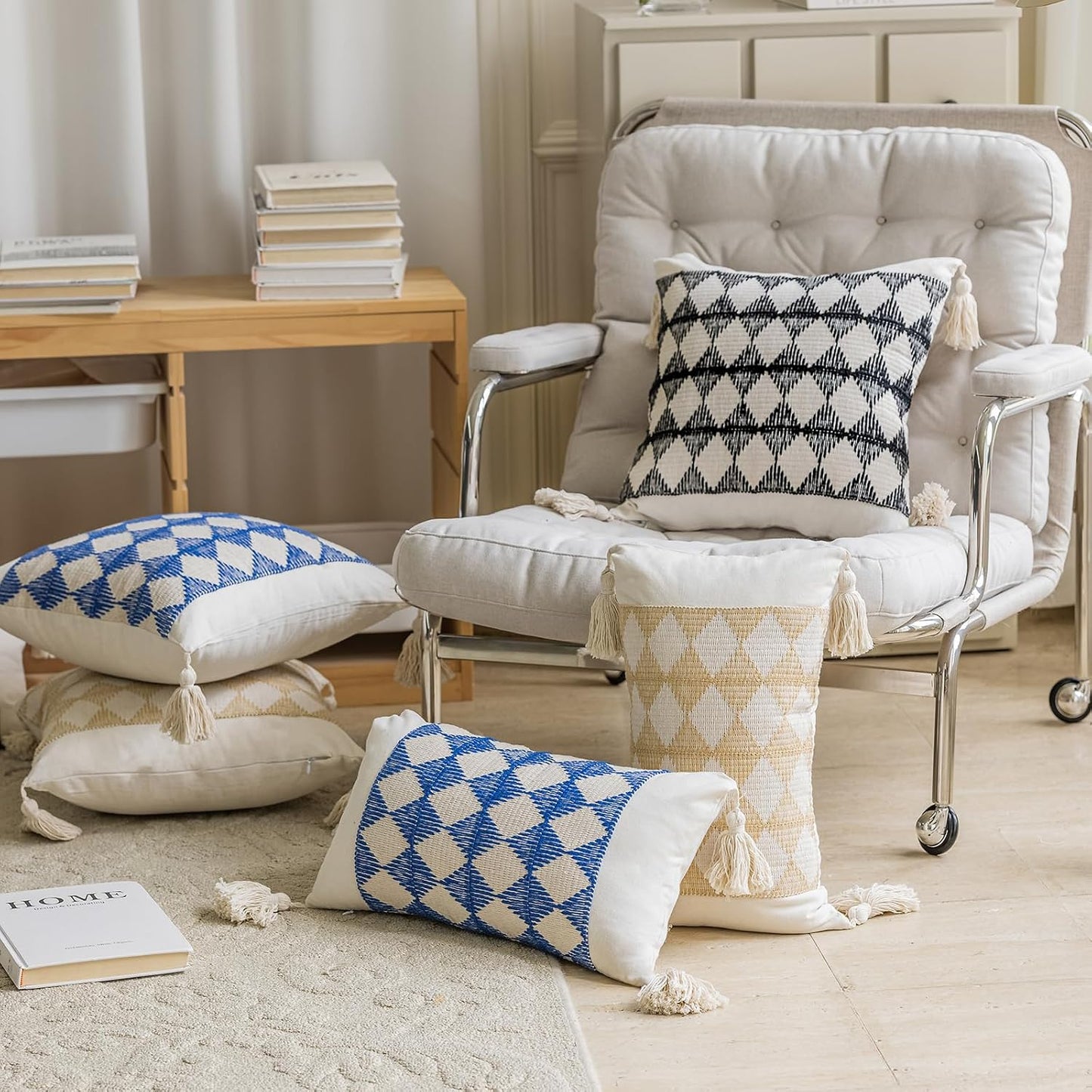 Tassels Farmhouse Pillow Covers / 20 x 12 / Blue Plaid