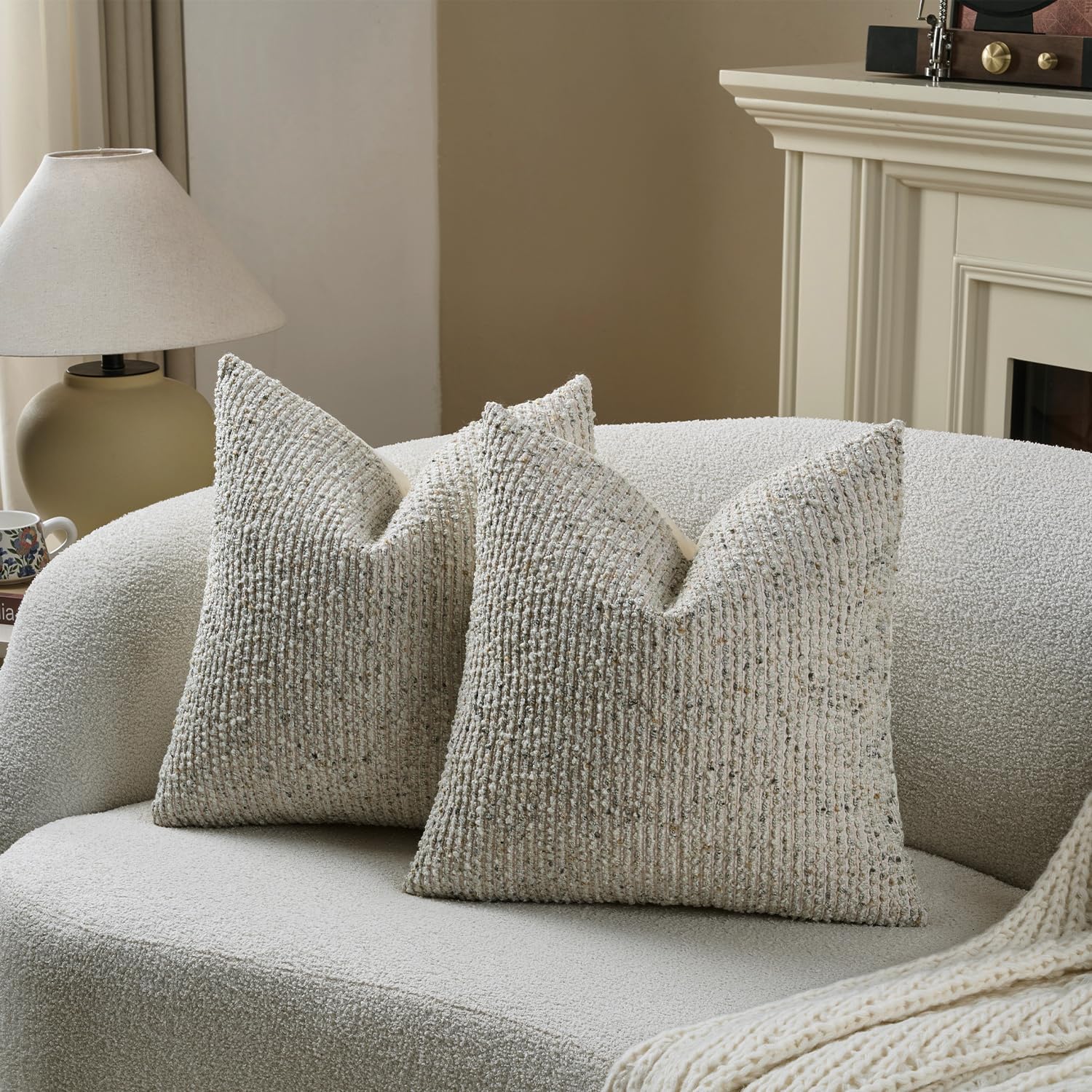 Striped Throw Pillow Covers Cream Grey Textured Boucle Chic / Grey & Cream / 18 x 18 / Set of 2
