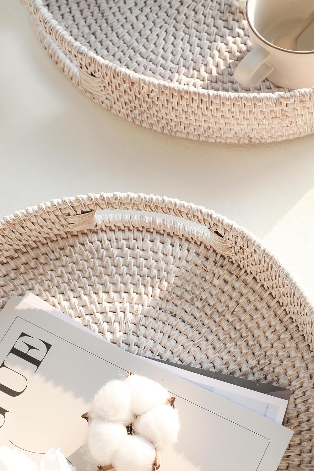 11.8" Hand-Woven Round Rattan Serving Tray Decorative Wicker Trays / Medium / Whitewash