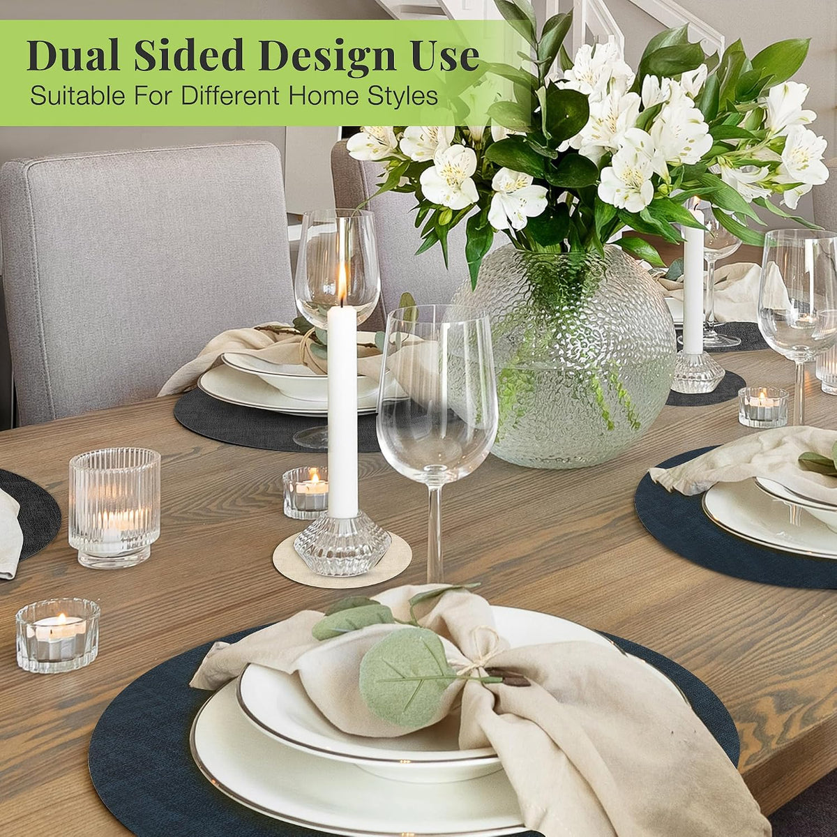 Fyvva Placemats Set of 12, 13" Round Reversible Faux Leather with Coasters | Wipeable & Waterproof Table Mats, Heat