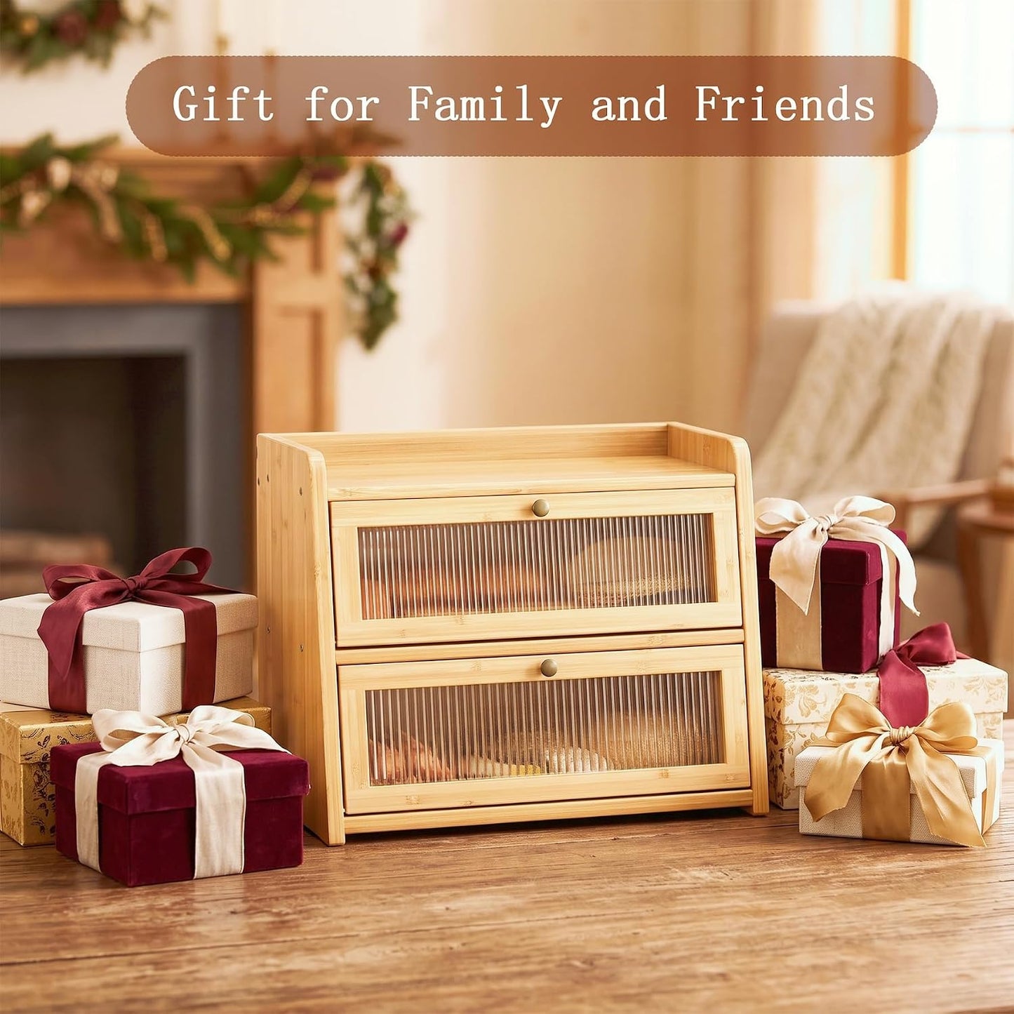 Double Layer Bamboo Bread Box with Window for Countertop | Natural Bamboo, Corner Bread Box, Double Layer with Clear
