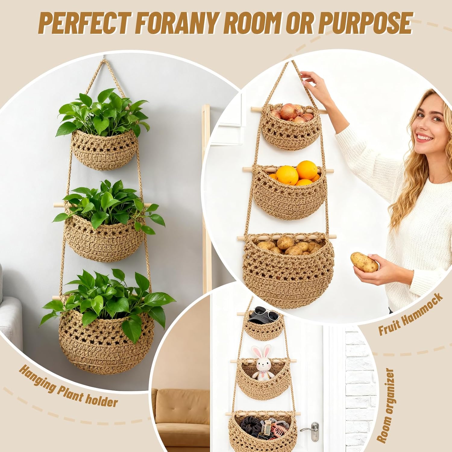 3 Tier Cotton Woven Wall Basket / Beige / 32 Inch