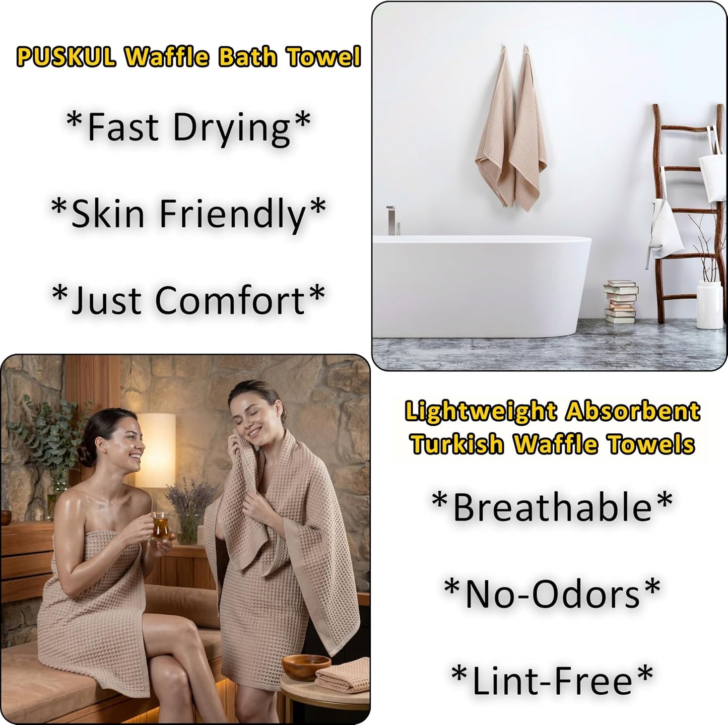 PÜSKÜL Natural 100% Turkish Cotton Waffle Bath Towels Set of 2, Extra-Large | Beige, Oversize 32x63" Bath sheet towel