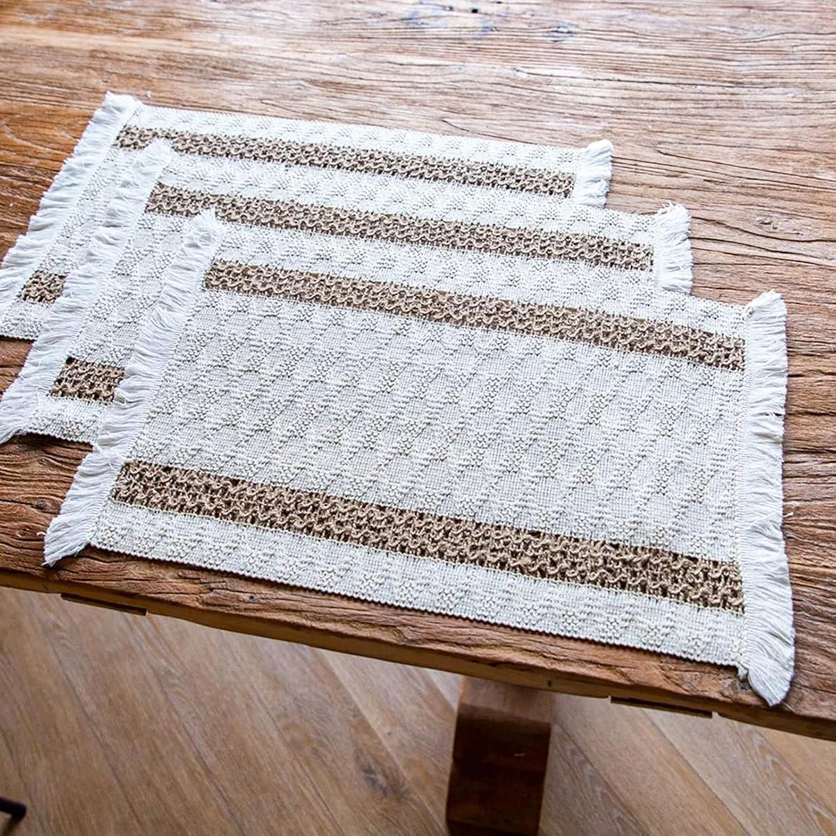 Boho Placemats Set of 8, 12x18 Inch Natural Cotton Burlap and Kitchen Woven Placemats with Tassels for Dining Table