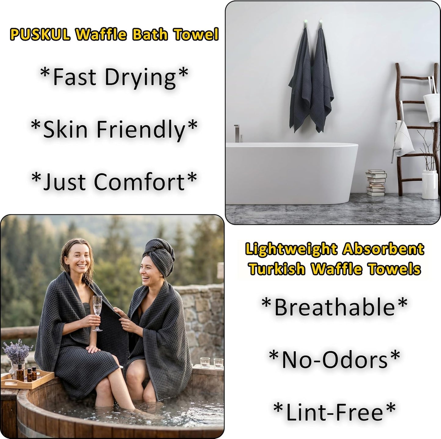 PÜSKÜL Natural 100% Turkish Cotton Waffle Bath Towels Set of 2, Extra-Large | Dark Gray, Oversize 32x63" Bath sheet