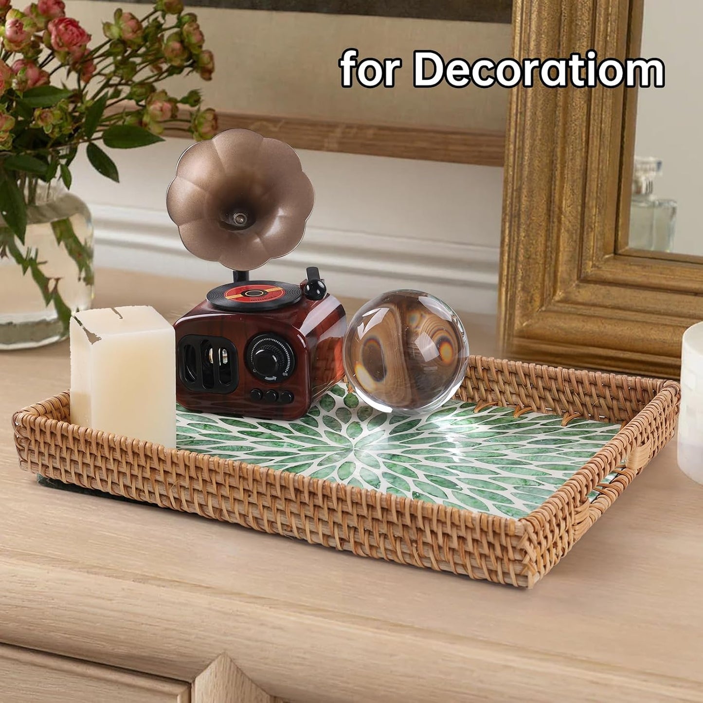 Rattan Serving Tray / Green Leaf