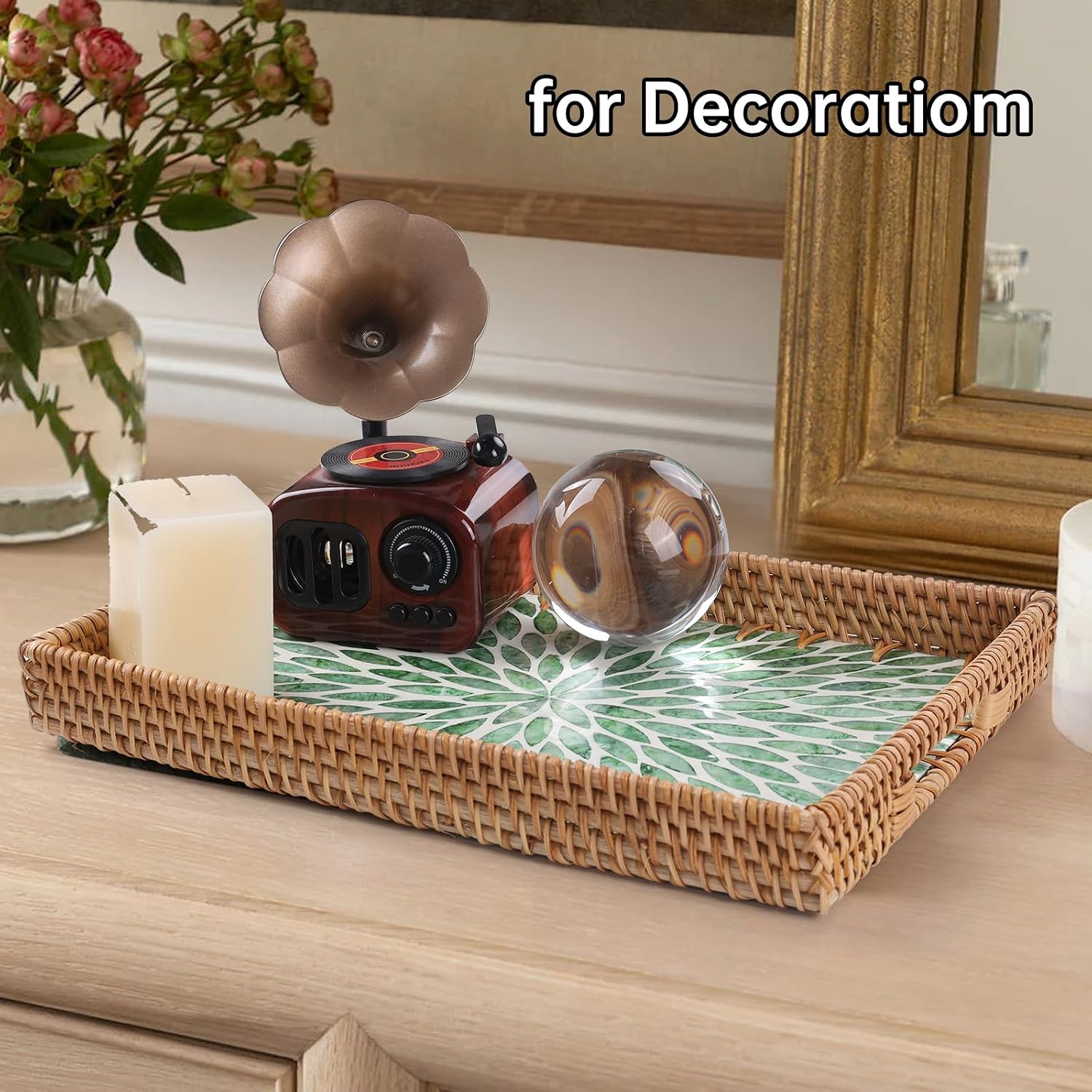 Rattan Serving Tray / Green Leaf