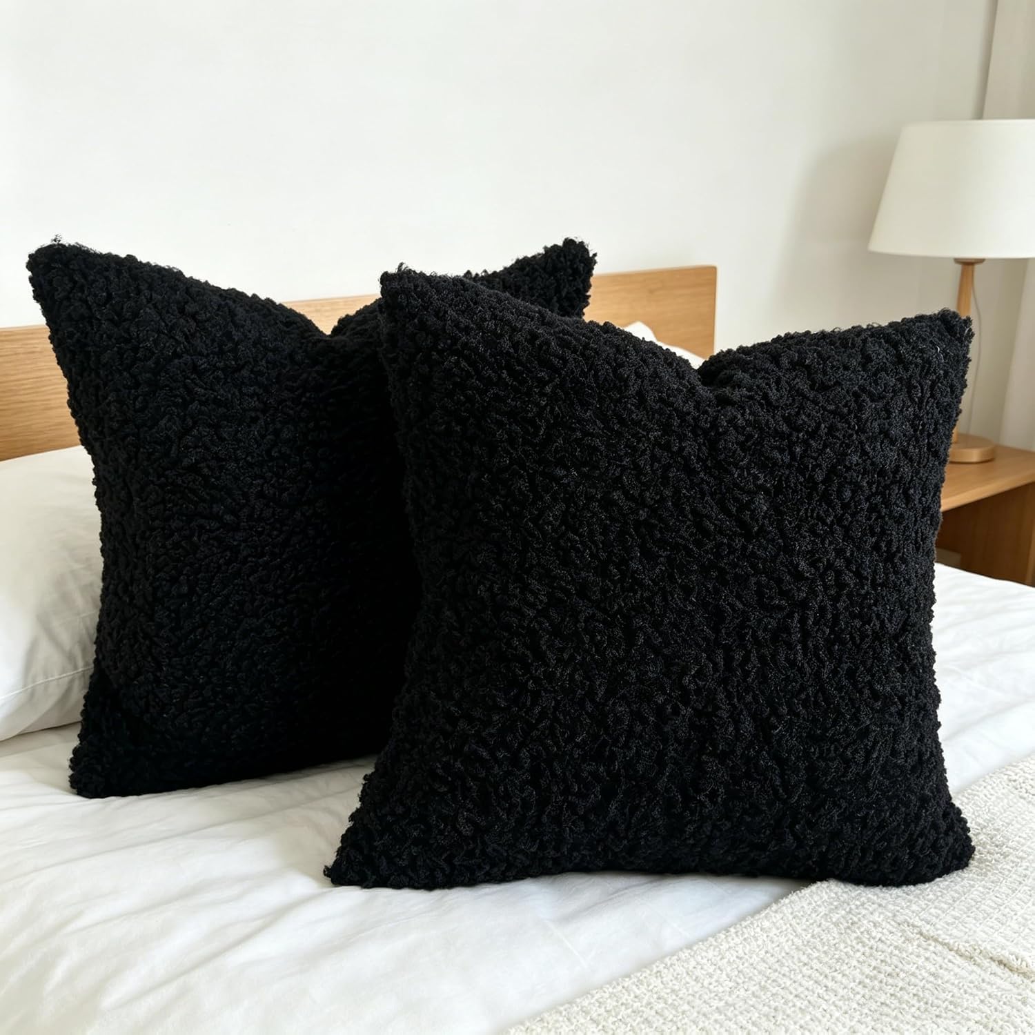 Faux Fur Decorative Pillow Covers Soft Fluffy Sherpa Boucle Throw / Black / 18 x 18 / Set of 2