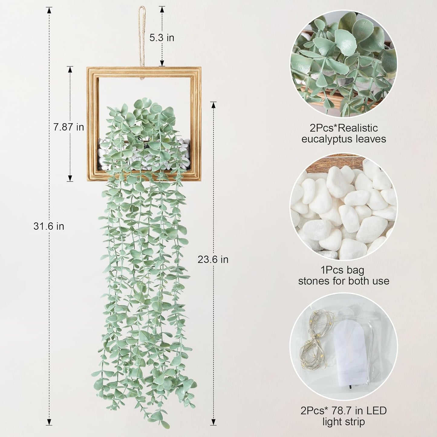 Artificial Eucalyptus Vines in Square Wooden Frame / 7.8" Natural / Set of 2