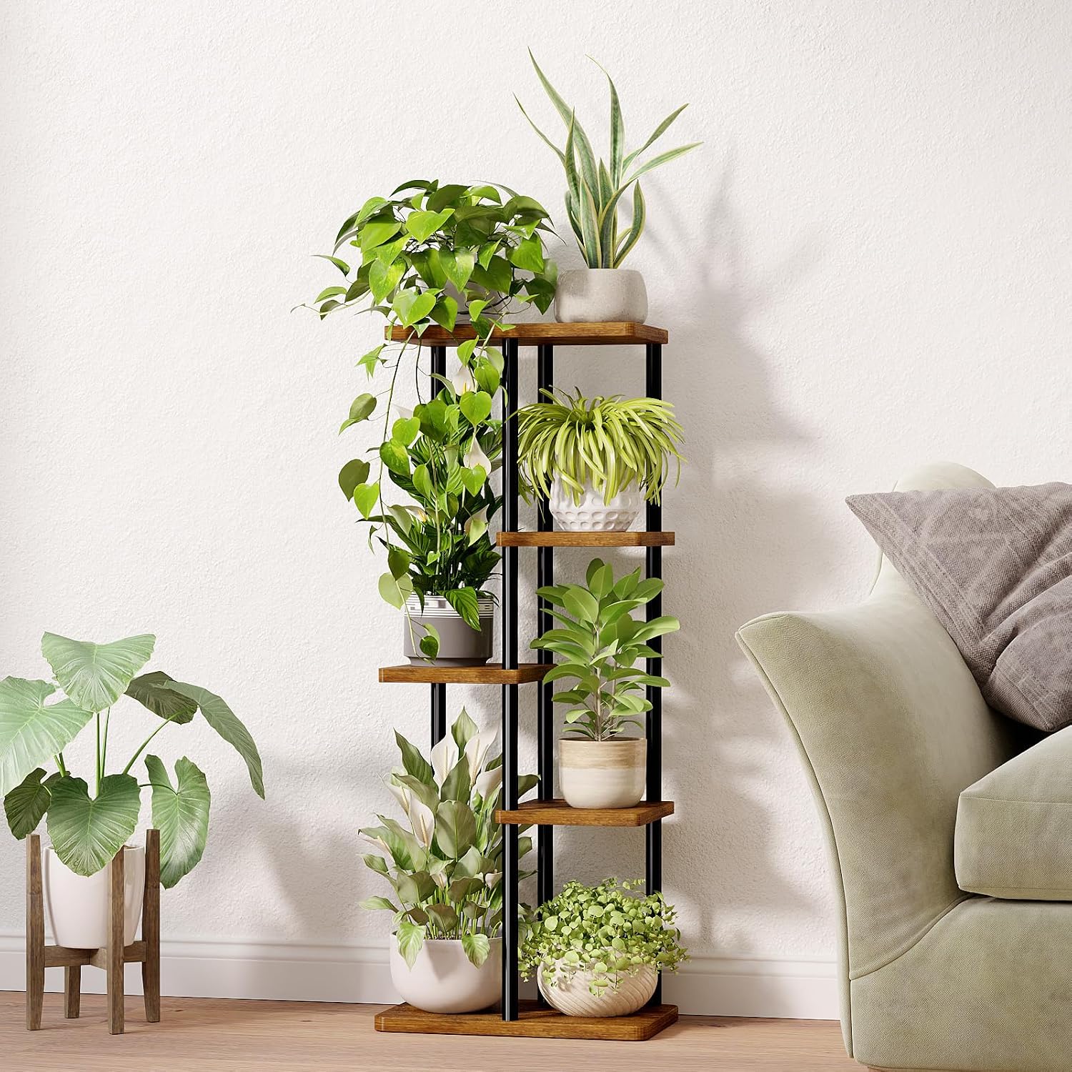 Bamworld Plant Stand 5 Tier Corner Metal Shelf Brown | Tiered shelf organizes multiple plants in living rooms