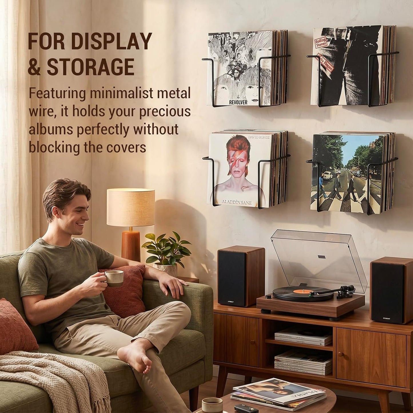 MyGift Set of 4 Black Metal Wire Vinyl Record Display Shelves, Wall Mount | Showcase favorite LPs with four black metal