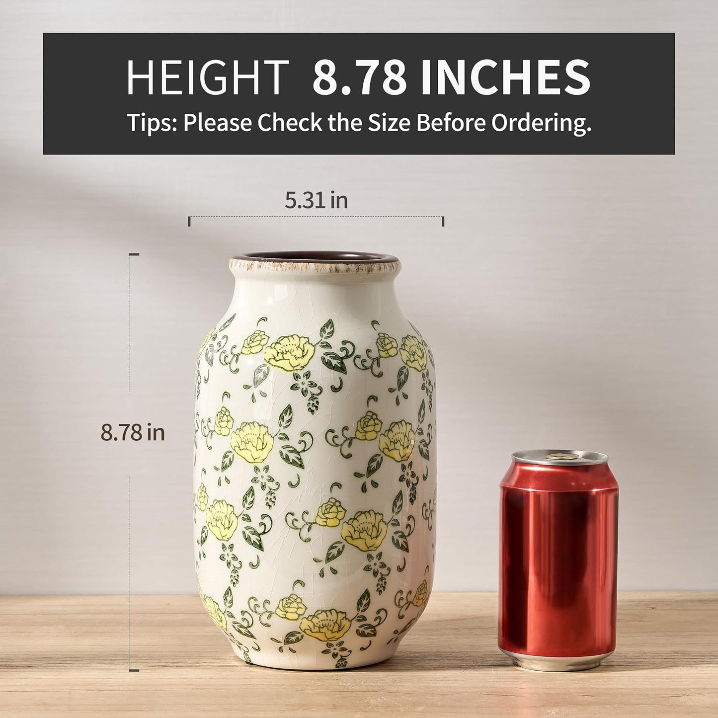 Ceramic Vintage Pastoral Vase / 18049-yellow Rose / 8.78 Inch