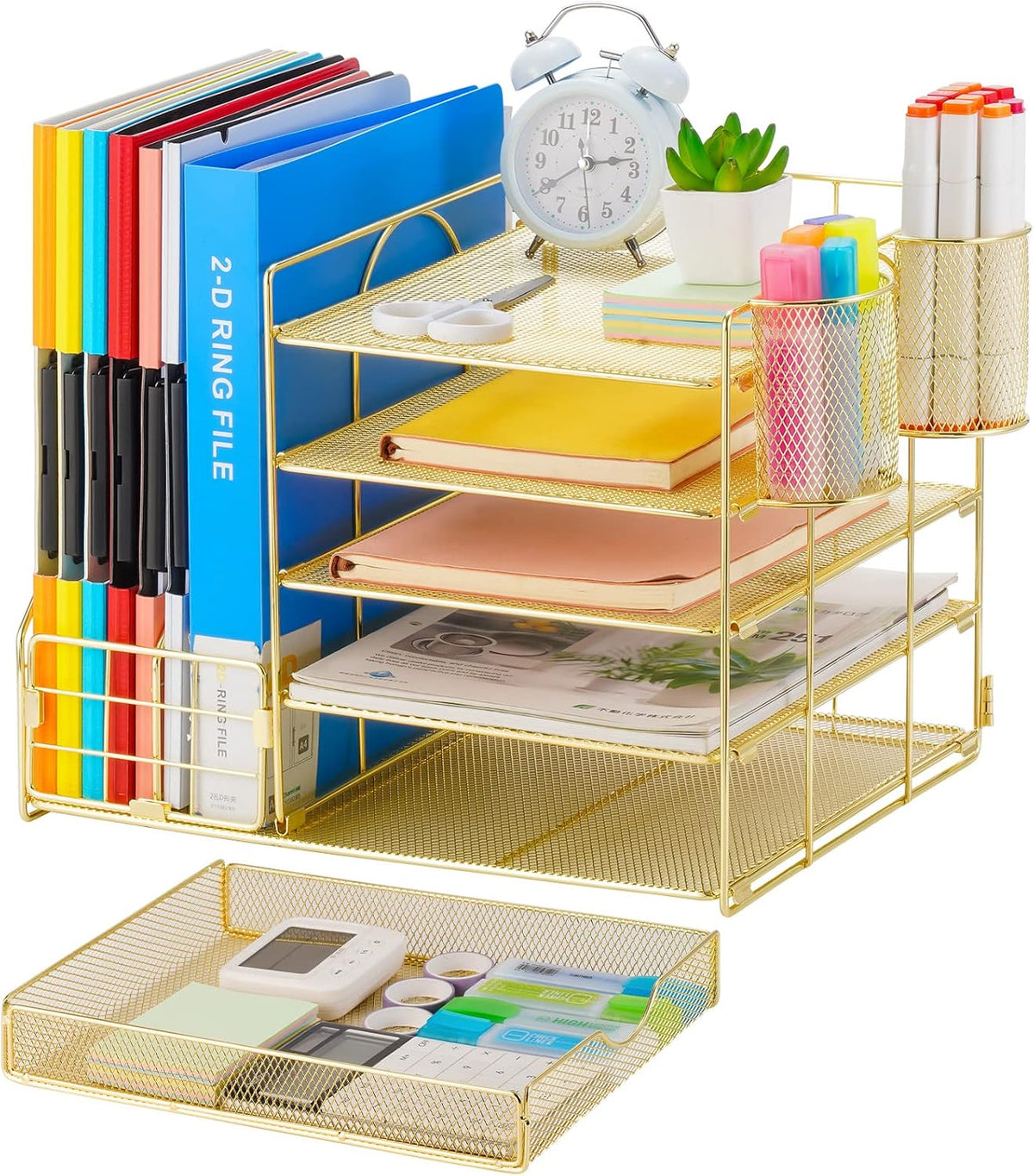 Marbrasse Desk Organizer with File Holder, 5-Tier Paper Letter Tray Organizer with Drawer and 2 Pen Holder, Mesh