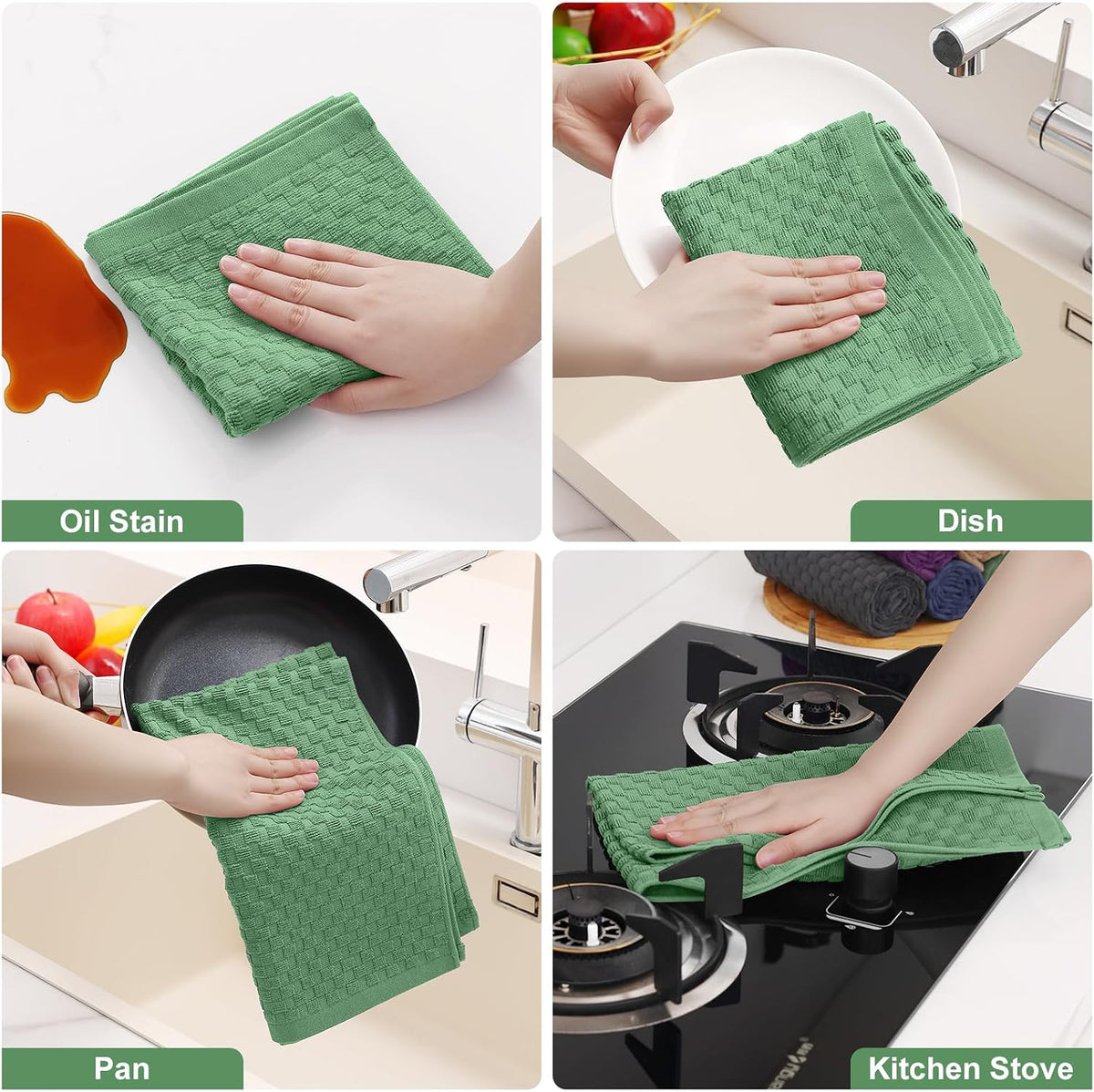 Homaxy 100% Cotton Terry Kitchen Towels(15" x 25", 12 Pack), Grass Green | Soft and Super Absorbent Dish Towels, 380