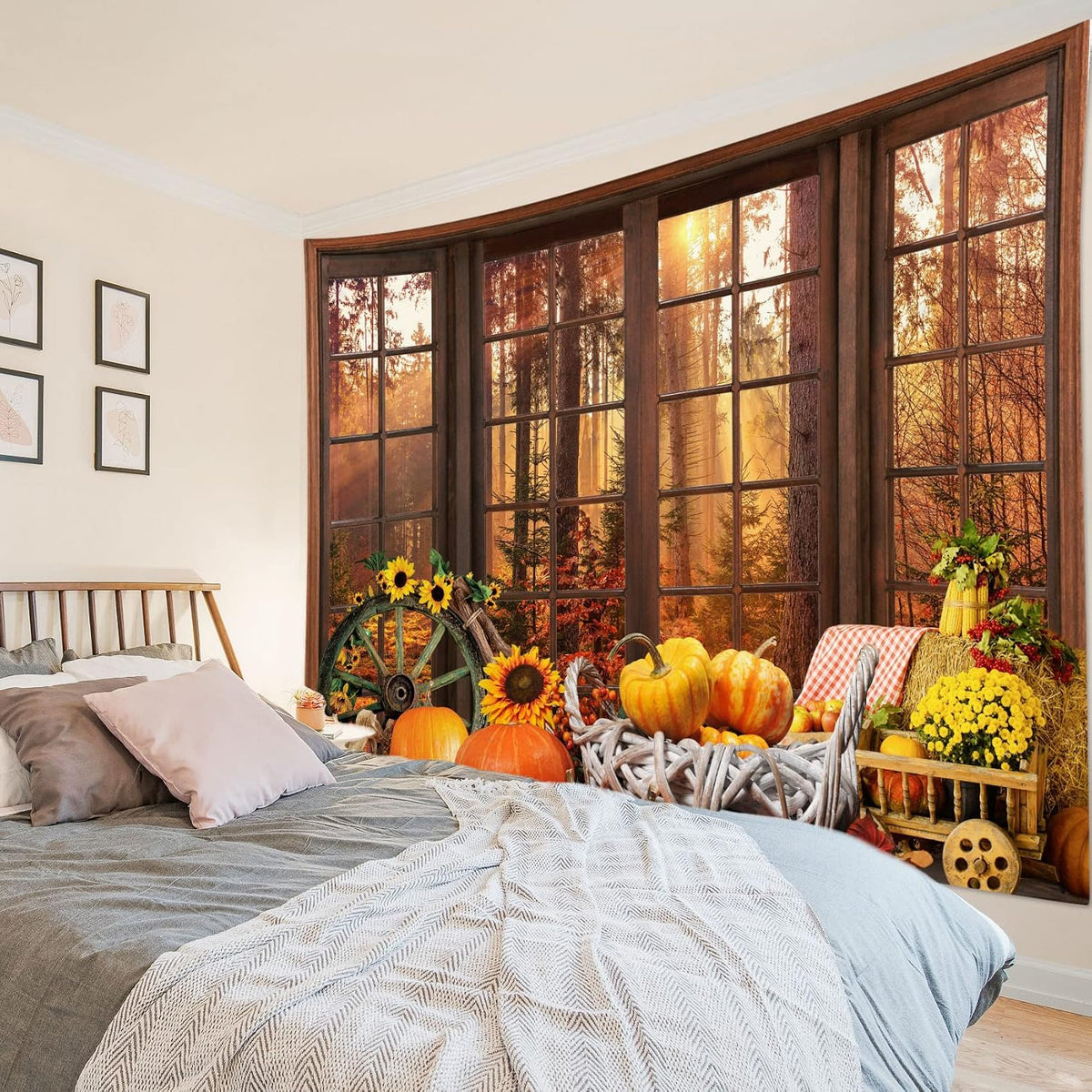 HVEST Fall Tapestry Autumn Maple Tree Forest Scenery outside Window Wall Art for Bedroom, Pumpkin Sunflower Thanksgiving Wall Tapestry for Home Living Room Dorm Holiday Wall Decor, 80W X 60L Inches