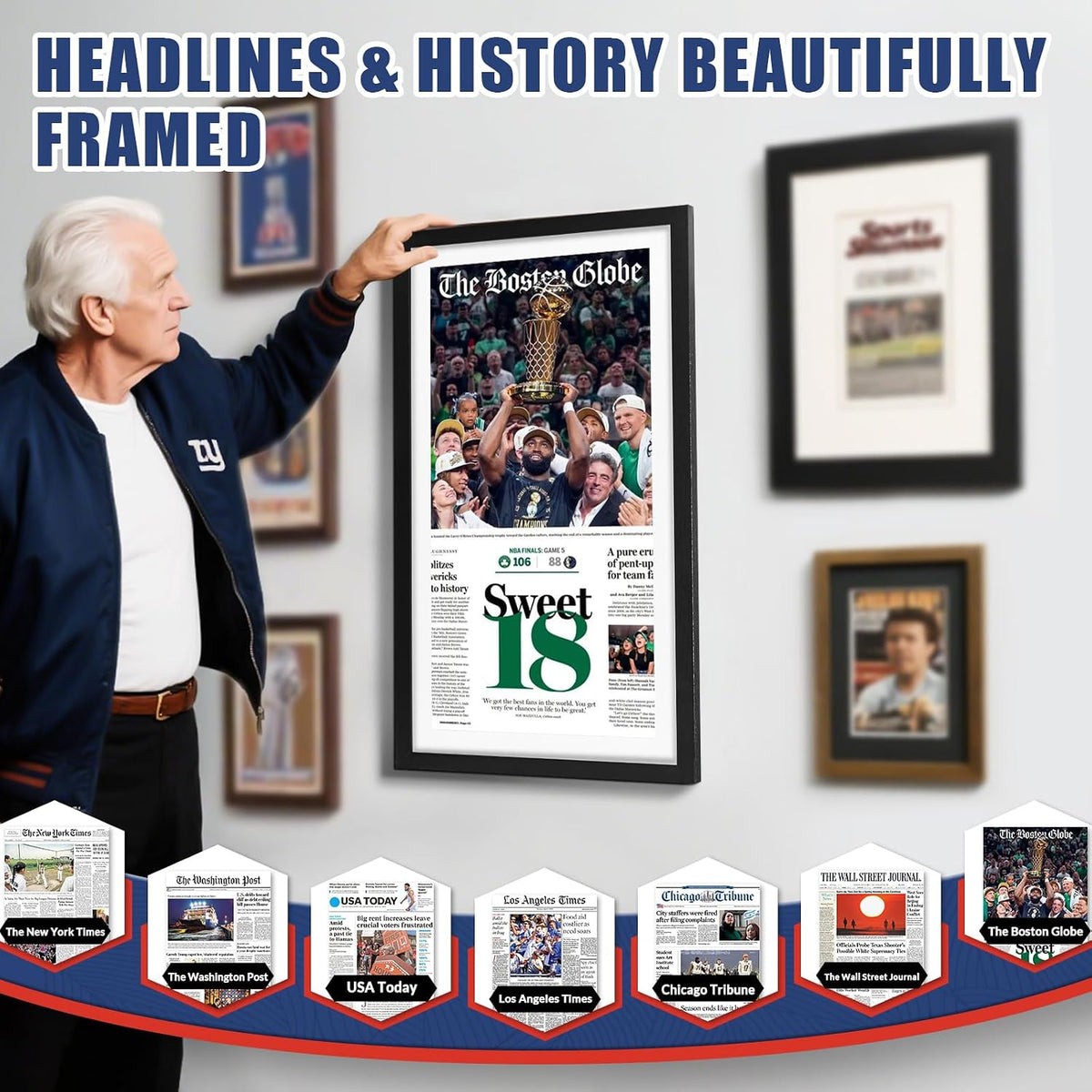 11 × 22 Up to 13 × 24 Newspaper Frame, Premium Wood Display Case with Acrylic Panel, Wall Mount or Tabletop Stand