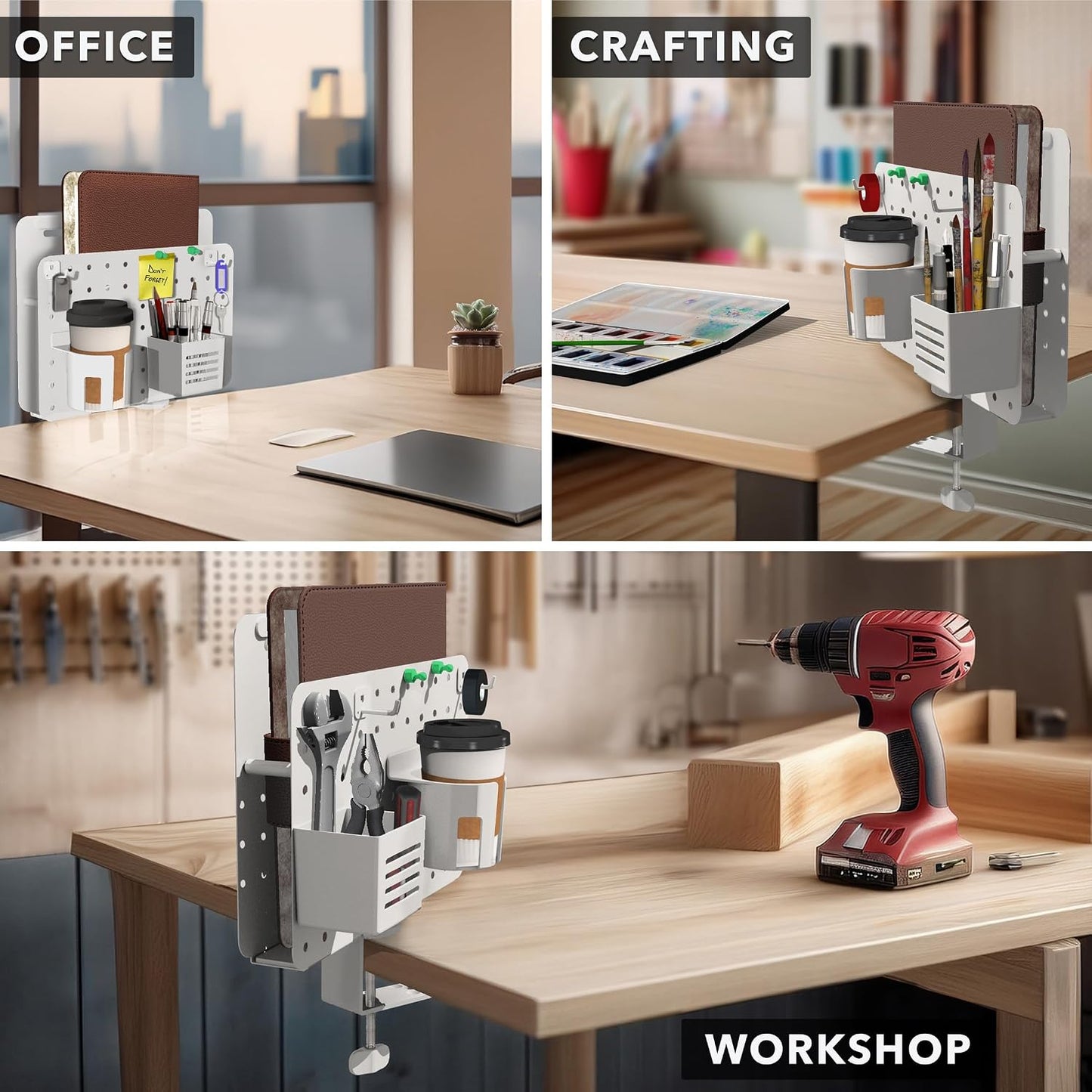 Mount-It! Desk Pegboard Organizer, 360 Rotation, White | Clamp-on desk storage with cup holder, pen holder, hooks &