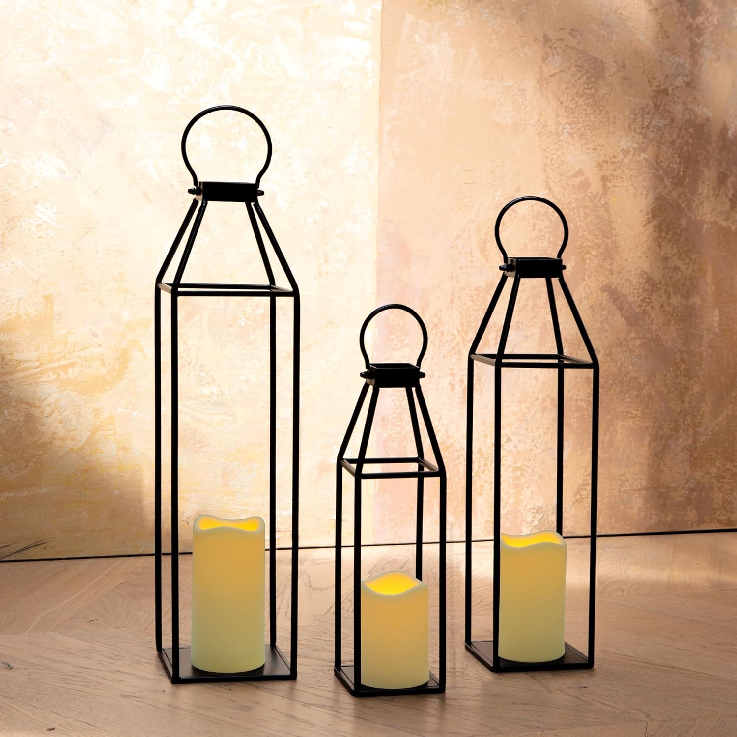 Perfnique Set of 3 Black Metal Lanterns w/ Waterproof Flickering Flameless Candle & Remote Timer, Modern Farmhouse