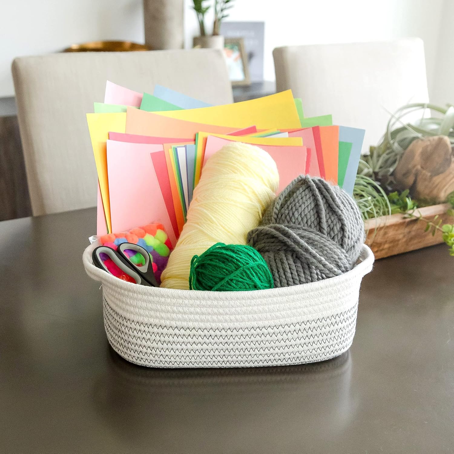 5-Piece Rectangle Storage Basket Set- Natural Cotton Rope Woven Baskets / Black Stitching
