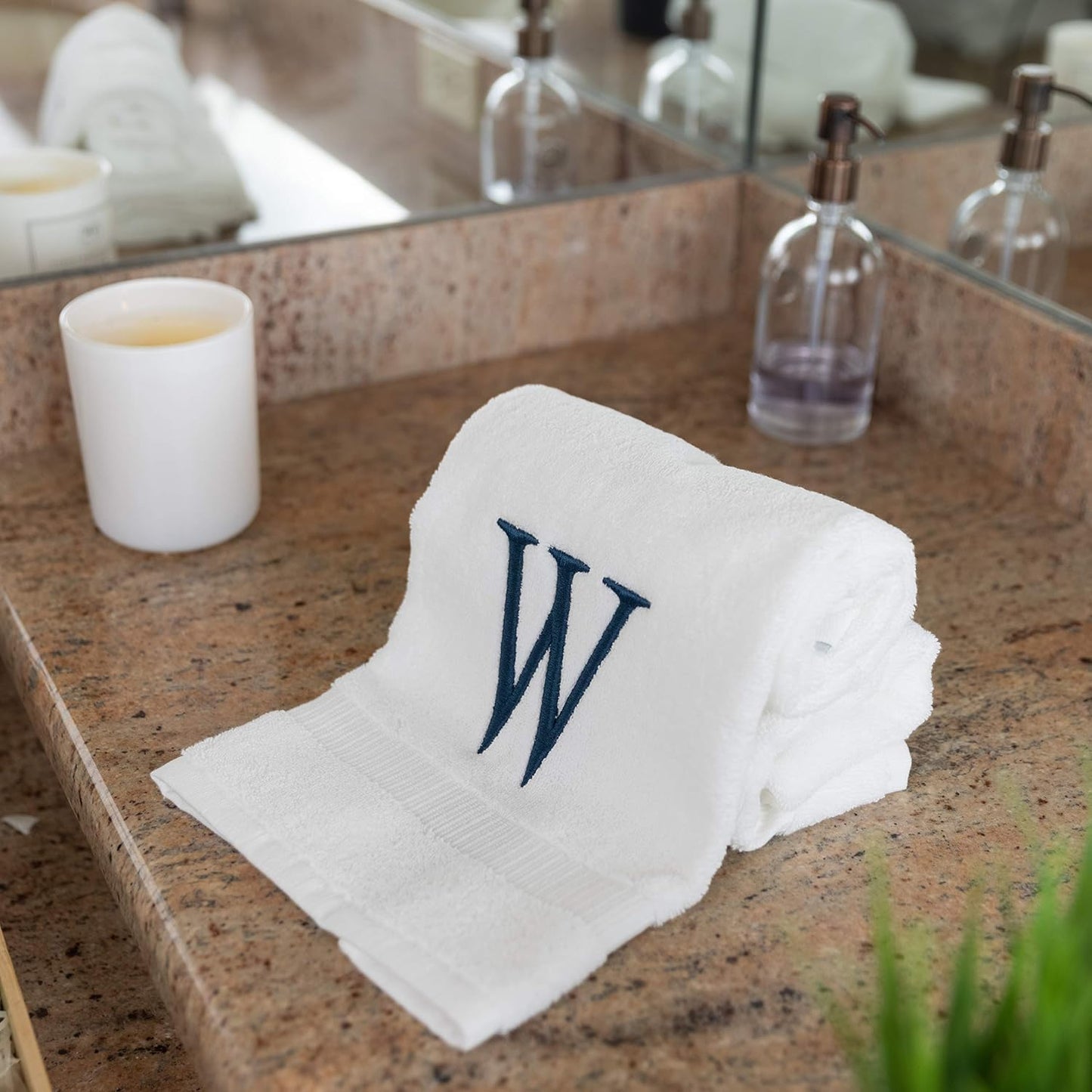 White with Navy Monogrammed Hand Towels for Bathroom - Set of 2 Letter W | Luxury Hotel Quality Initial Towels For