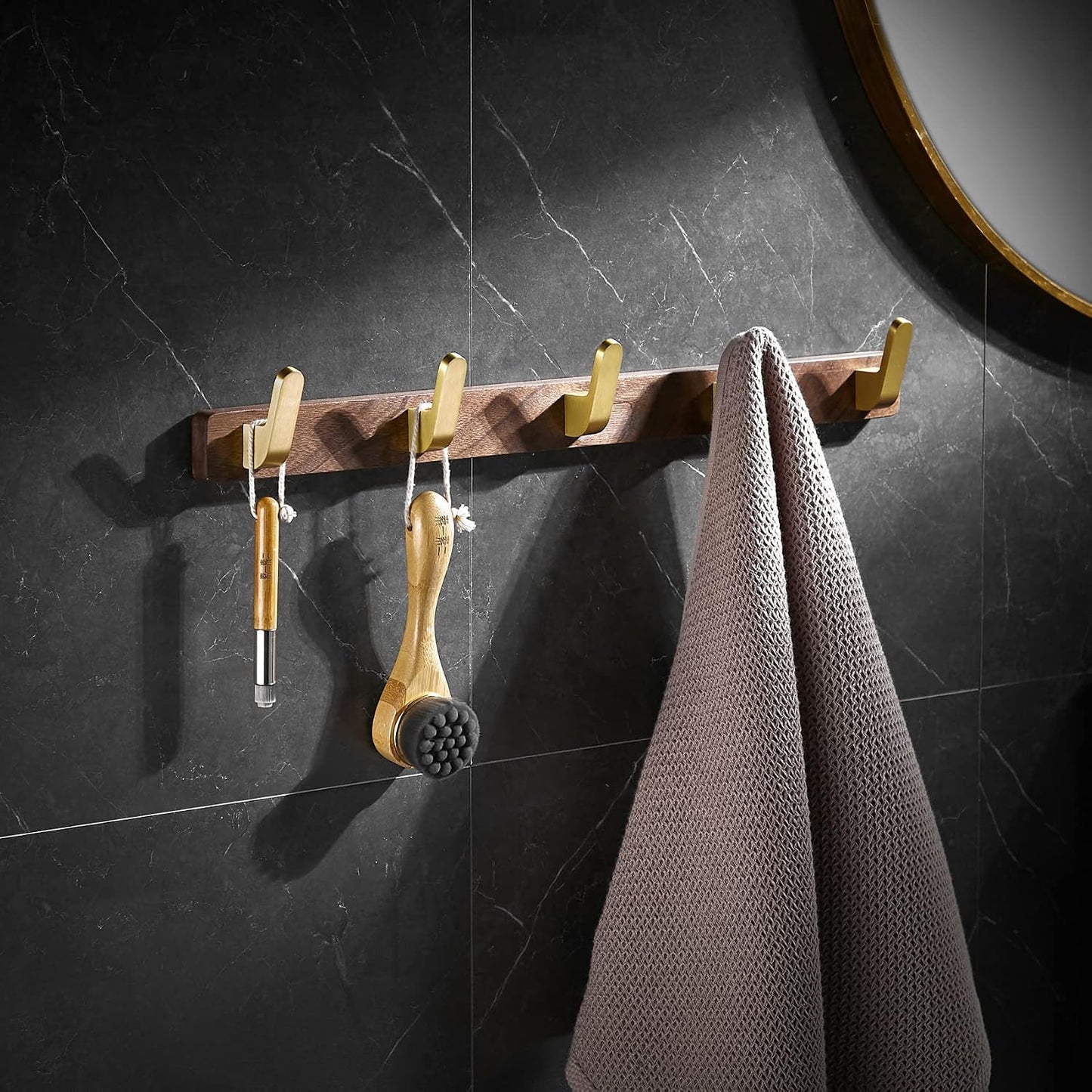 Wall Mounted Coat Rack, Metal Wood with 5 Hooks | Entryway Hanging, For Coat, Scarf, Bag, Towel, Key, Cap, Hat, Walnut