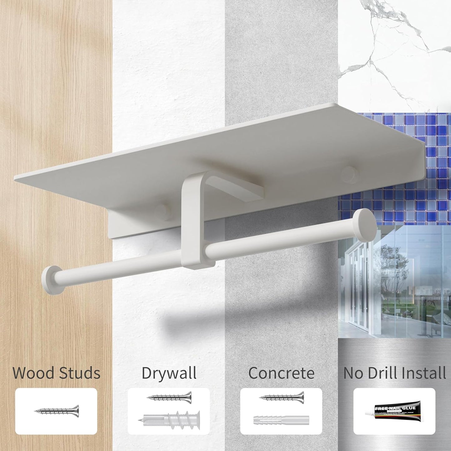 Bathroom Toilet Paper Holder with Shelf, Wall Mount, Double Roll, White