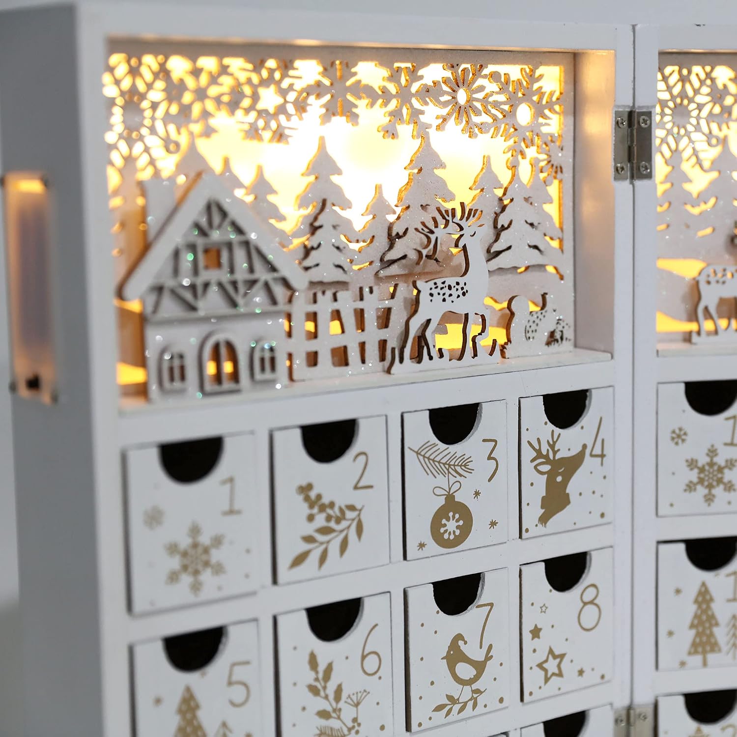 Christmas Wooden Advent Calendar Book with LEDs White & Gold Christmas Reindeer Countdown Holiday Gifts with 24 Drawers