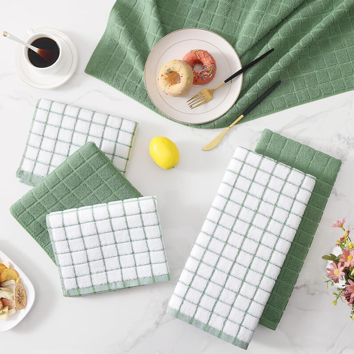 Homaxy Large Premium Cotton Kitchen Towels 16"x 28", 12 Pack, Grass Green | Natural Ring Spun 390 GSM Dish Towels