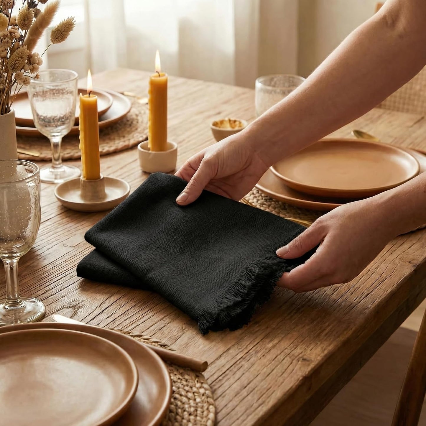 ACCENTHOME Black Cotton Linen Napkin Set of 12 18x18 inch Dinner Napkins | Cotton Linen Blend Napkins, Machine Wash On